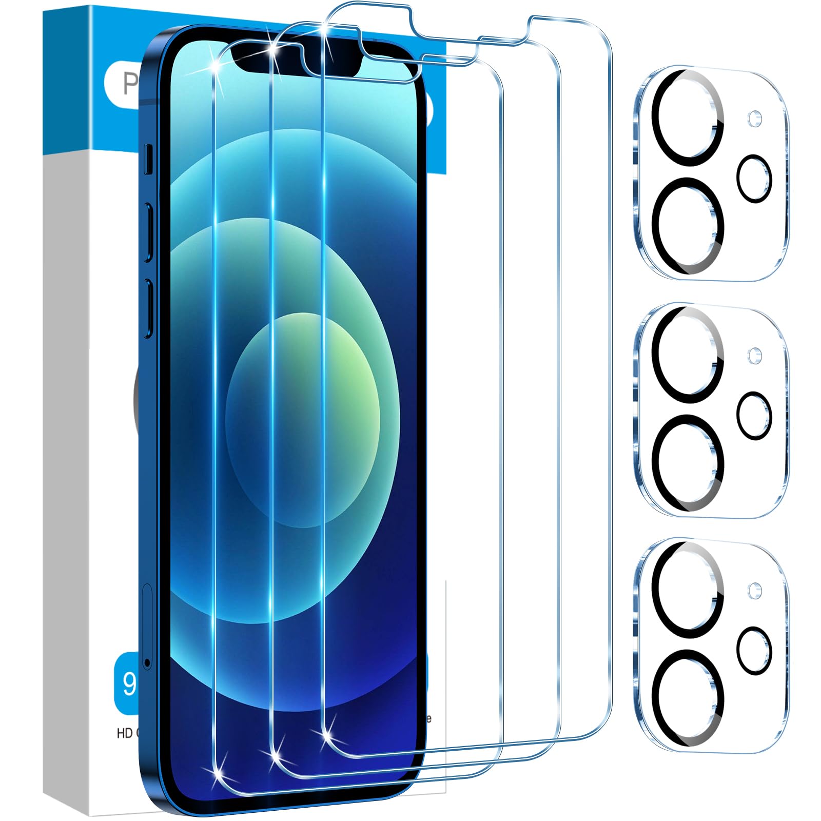 Fotbor for [3+3 Pack] iPhone 12 Screen Protector with Camera Lens Protector, 9H Shatterproof Tempered Glass Film with Easy Installation Frame, HD Clear Sensitive Full Coverage 6.1 Inch