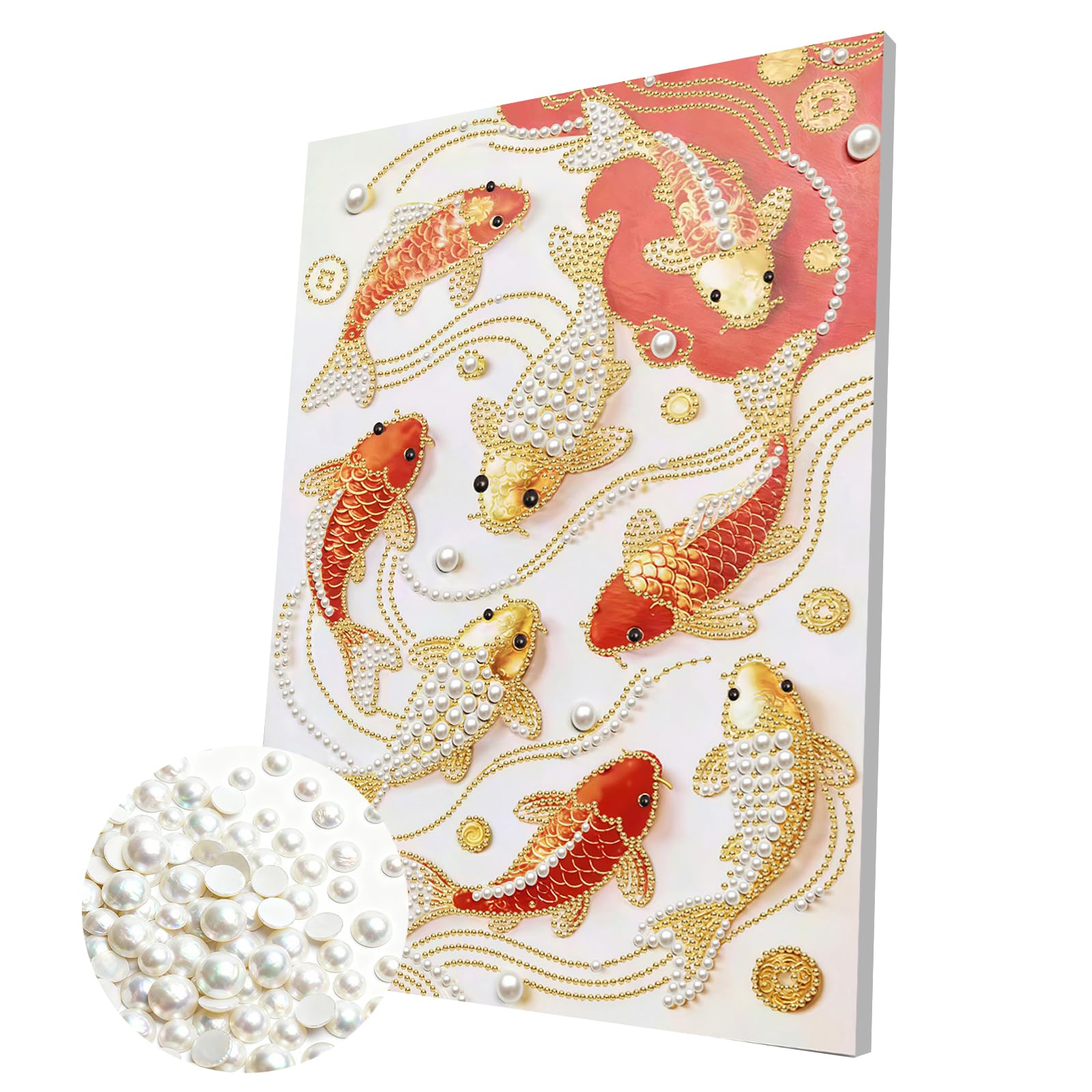 DIY Pearl Painting Kit with Wooden Frame, 3D Plastic Pearl Gemstone Ocean Art Craft for Adults Beginners, Diamond Art Kits for Adults, Home Wall Decor Ready Gift for Women(Koi)(30 * 40cm)