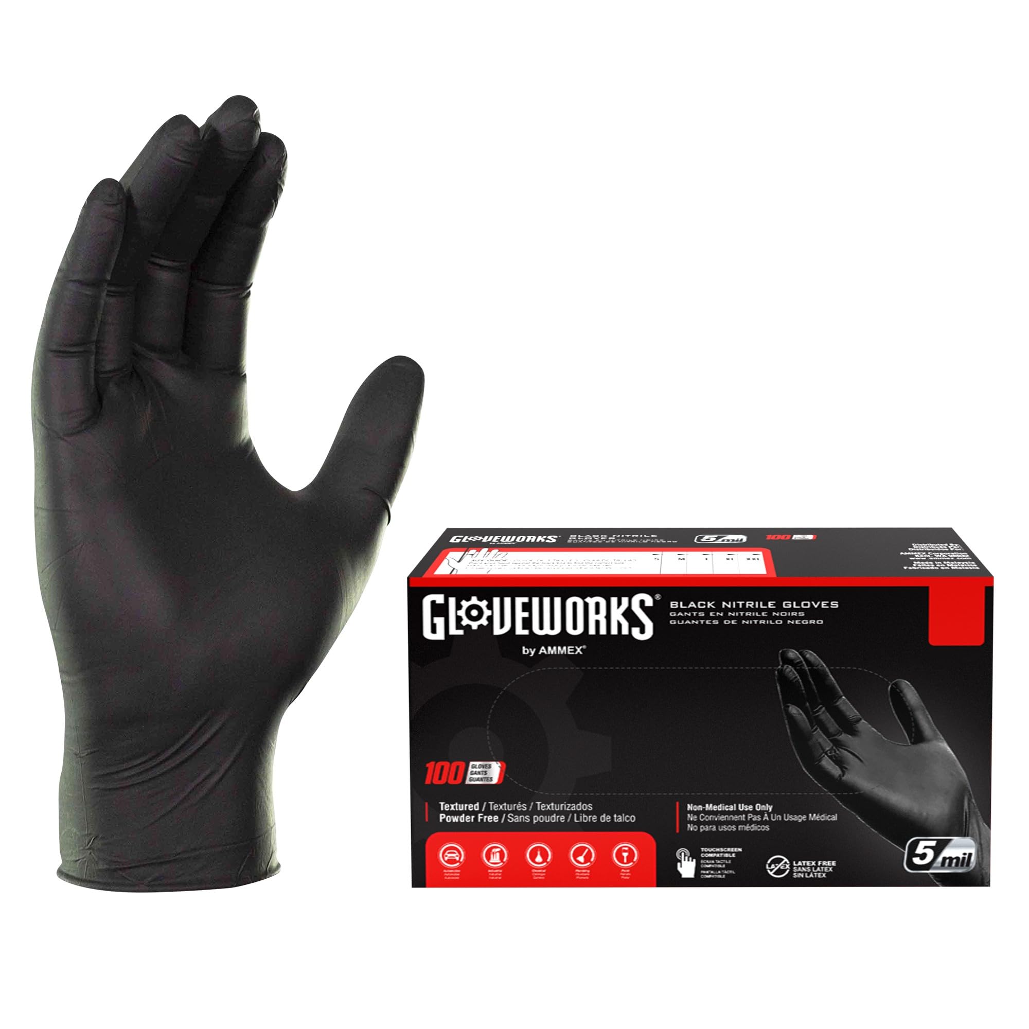 GLOVEWORKS Black Nitrile Gloves 5 Mil Disposable, Latex Free, Textured Grip for Food Service, Cooking, Professional Cleaning