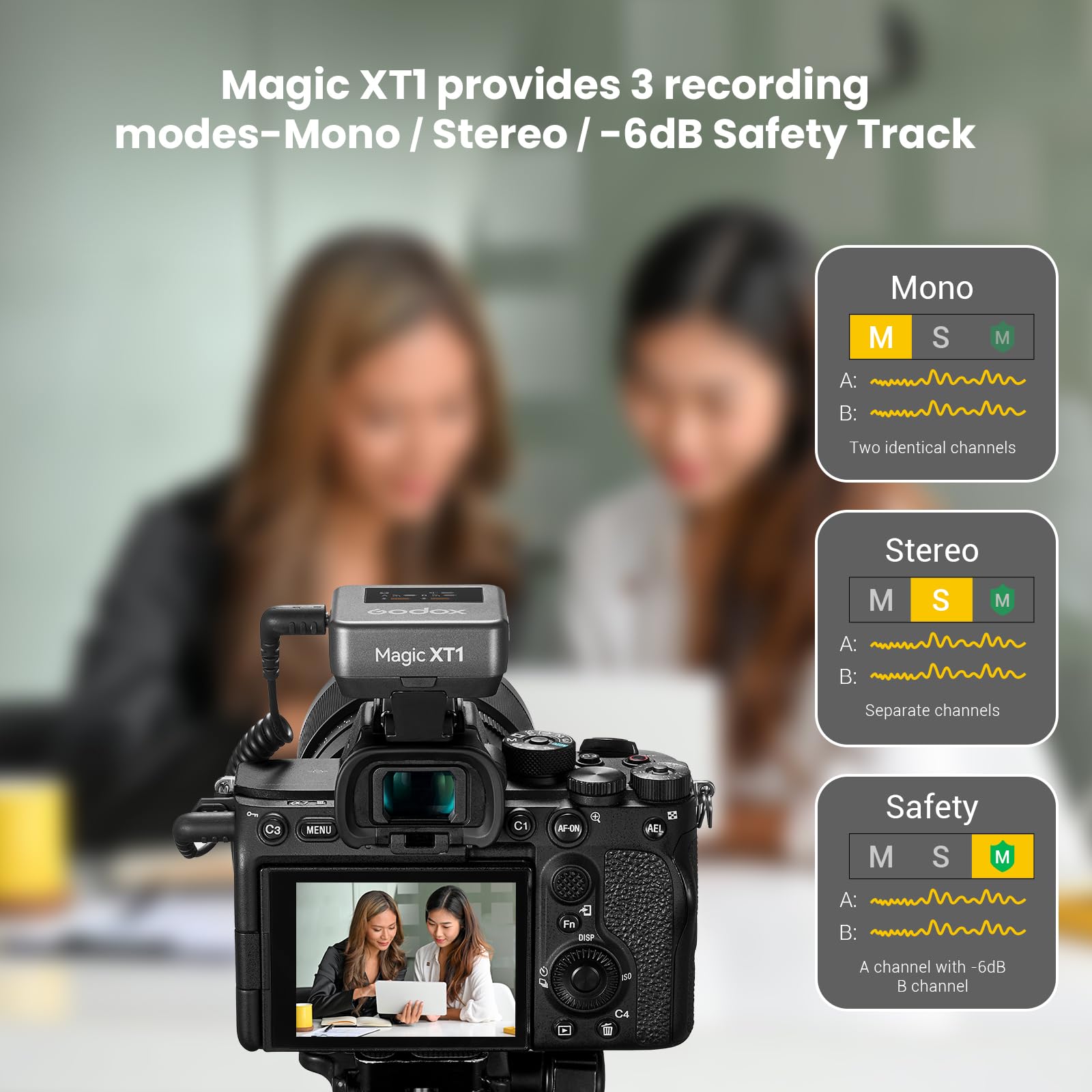 GODOX Magic XT1 - Micrófono inalámbrico de 2.4 G para cámara/smartphone (2TX + 1RX funda de carga), mini micrófono Lavalier con reducción de ruido, duración de la batería de 16 horas, pantalla táctil