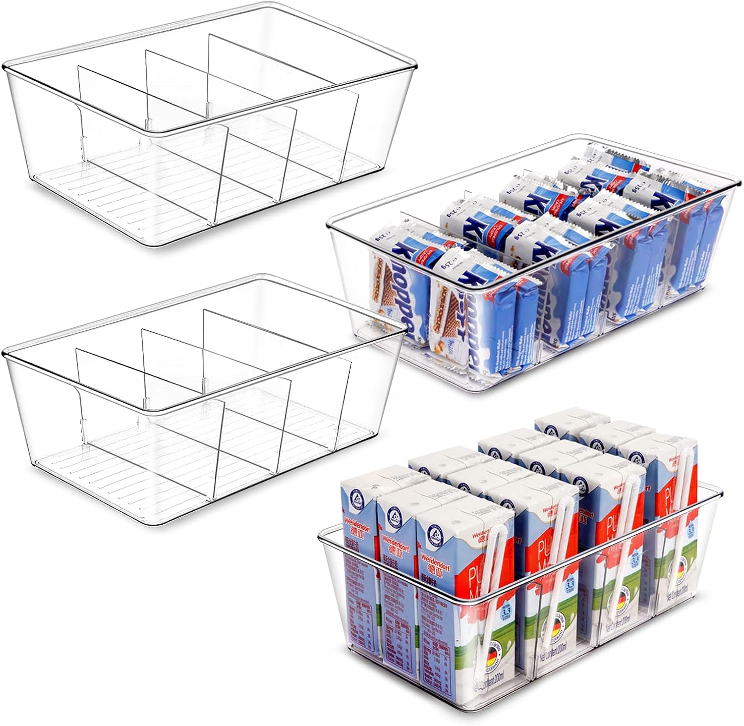 Food Storage Organizer Bins with Dividers, Clear Plastic