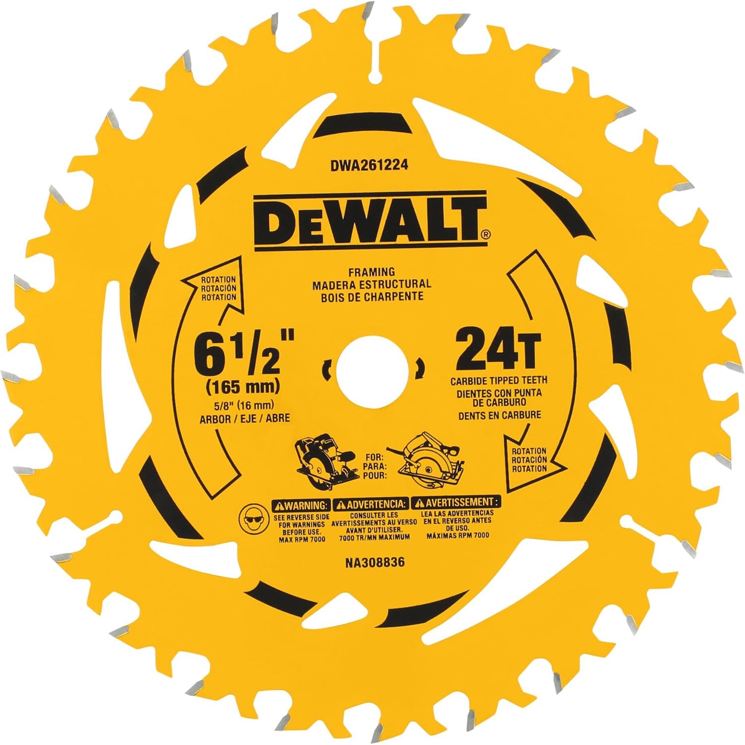 DEWALT 6-1/2 in. 24T Circular Saw Blade, Smooth Cutting, Superior Tracking and Durability (DWA261224)