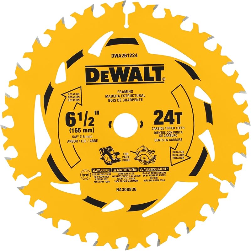 DEWALT 6-1/2 in. 24T Circular Saw Blade, Smooth Cutting, Superior Tracking and Durability (DWA261224)
