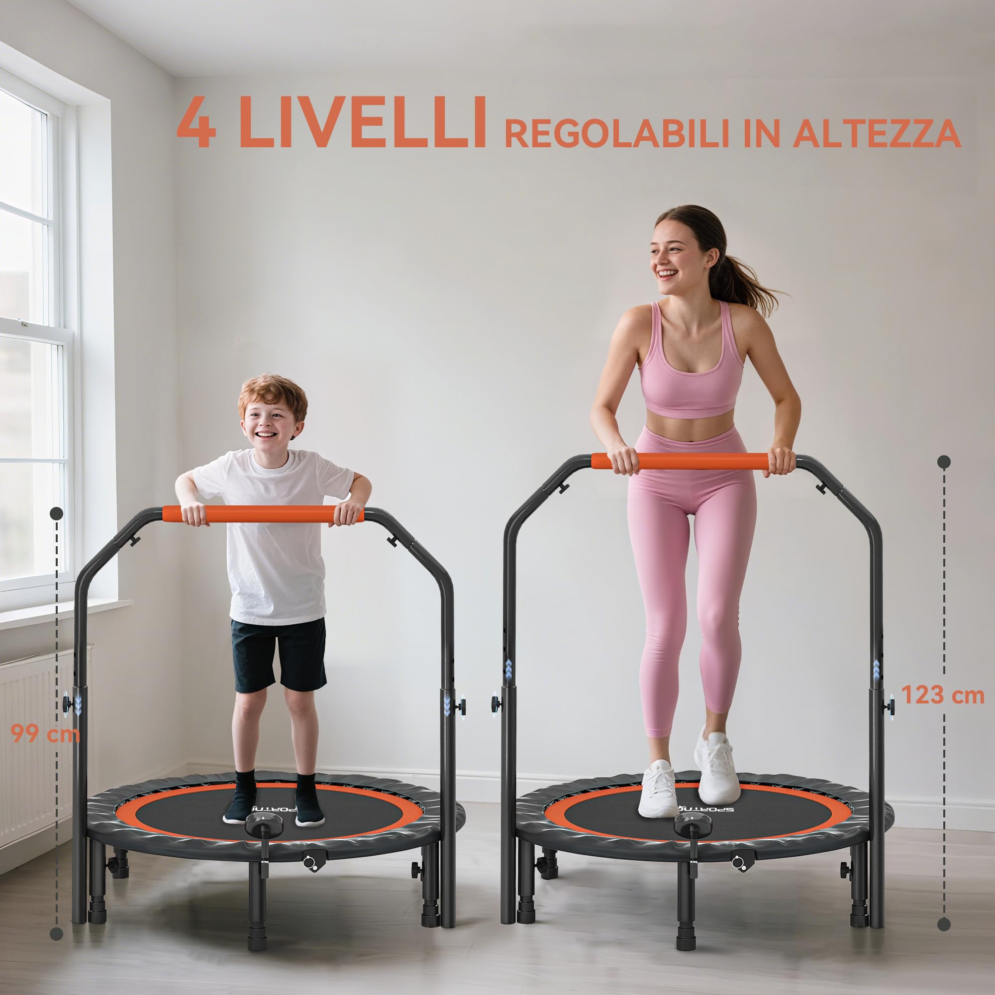 HOMCOM Trampolino Elastico Pieghevole Ø102 cm con Manubrio Regolabile 99-123cm, Trampolino da Fitness con Monitor LCD per Adulti, Tappeto Elastico per Esercizi Indoor, Nero