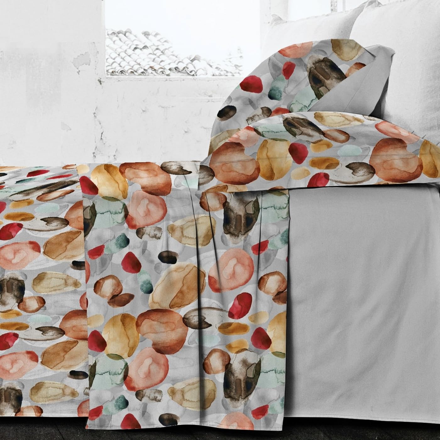 Riad Arredo Juego de sábanas para cama de matrimonio, 100% algodón, percal con impresión digital, juego de sábanas de alta calidad con volante efecto colcha muy suave, artesanal, fabricado en Italia