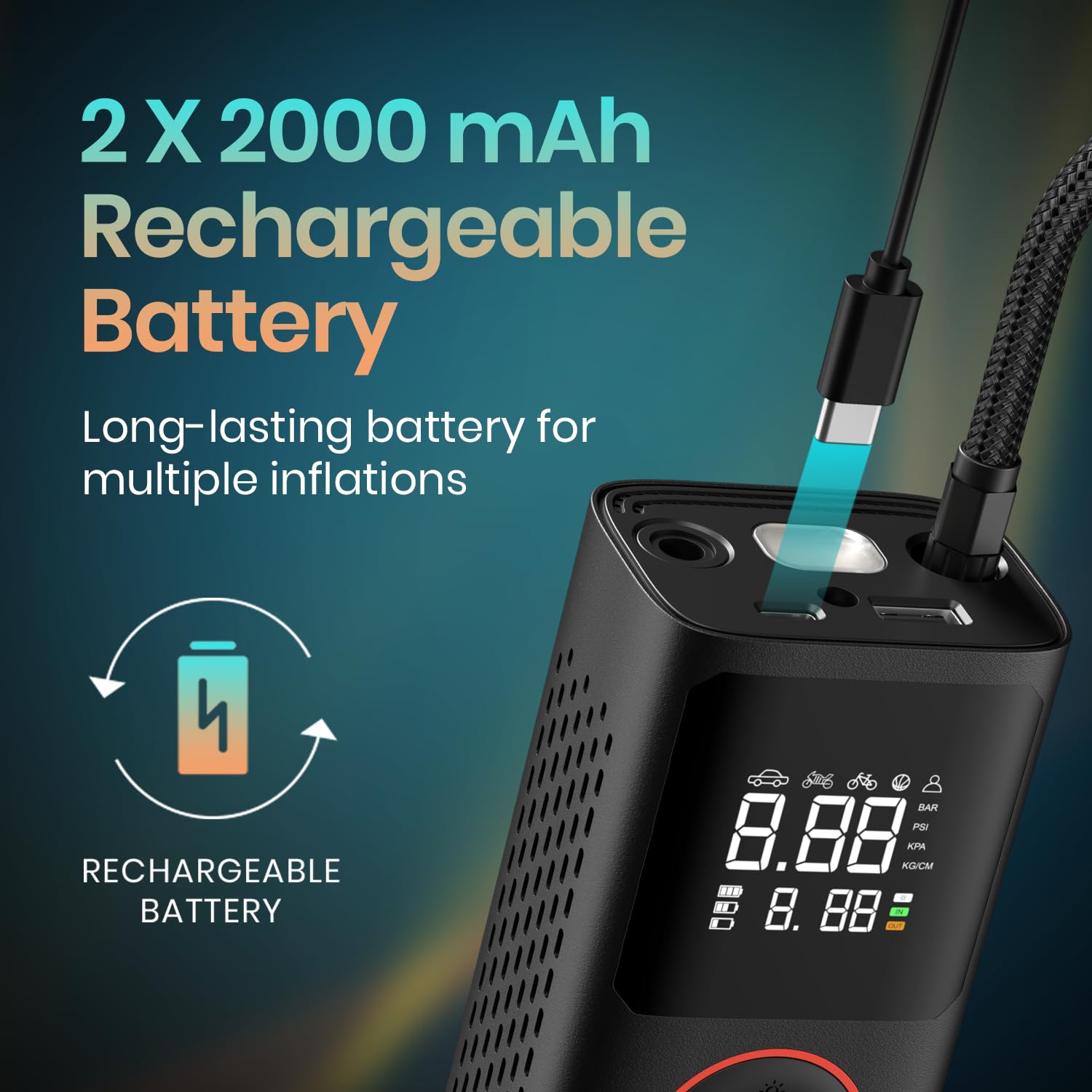 Portronics Vayu, 2-in-1 Tyre Inflator, Rechargeable & Corded Power, Preset Inflation Modes, Digital Display, Flashlight Torch with SOS, Auto Shut-Off, Multi-Purpose Use (Black) - Image 3 thumbnail