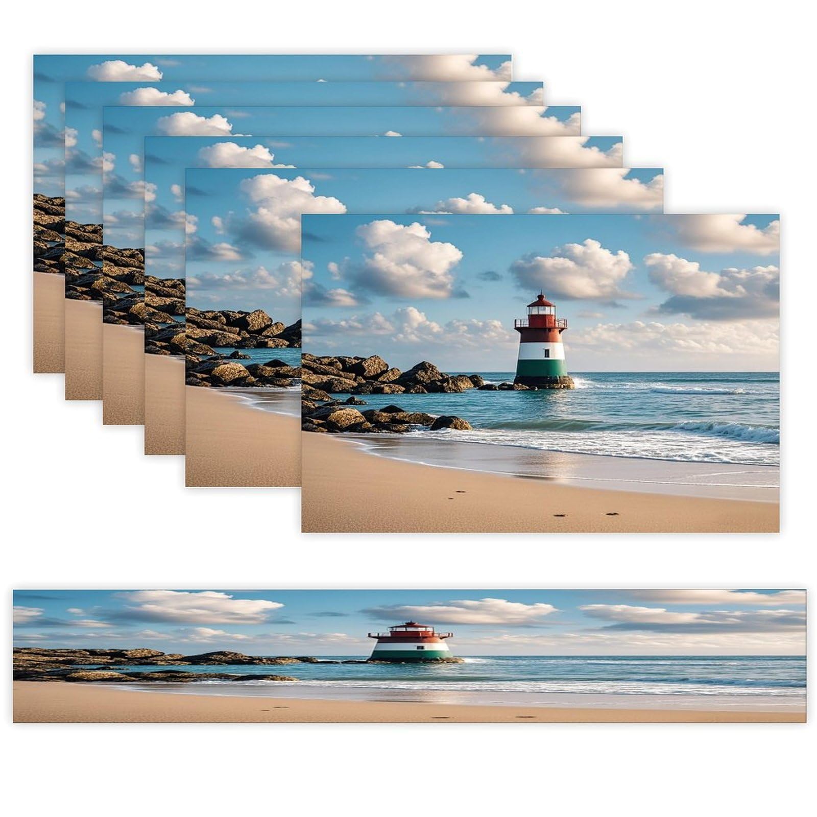 Sea Lighthouse Sandbeach Table Runner and Placemats Set of 6 Heat Resistant Washable Table Runners Dining Mat Sets Modern Cloth Place Mats Linen Table Decor for Kitchen Dining Room