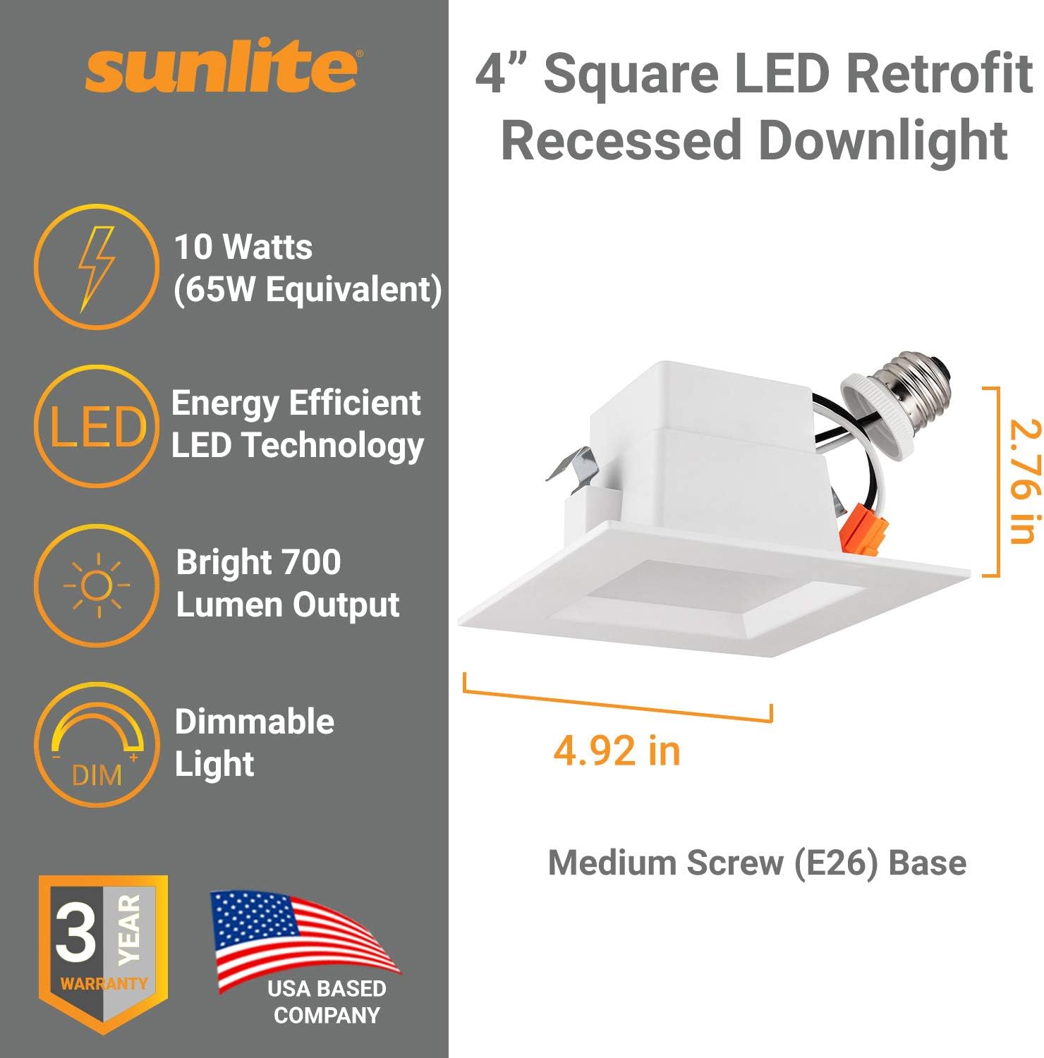 Sunlite LED Retrofit 4-Inch Square Light Fixture, Medium Base, Dimmable, 10 Watt (65W=), 700 Lumens, 50,000 Hour Life Span, UL Listed, 4000K Cool White, 12 Pack