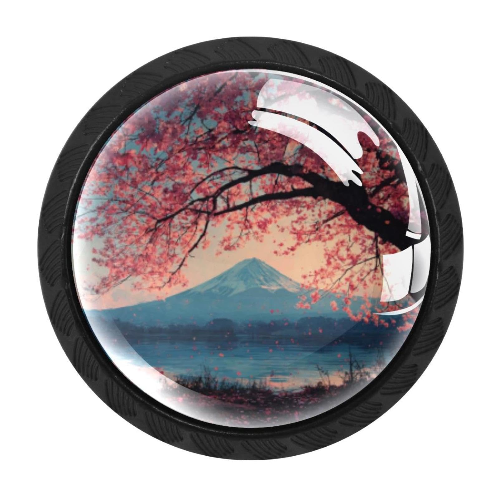 CHENZZZZ 4 Pieces Japanese Fuji Mount Cherry Blossom Lands Kitchen Cabinet Knobs Drawer Knobs Dresser Knobs Black Knobs Drawer Pulls Dresser Drawer Handles Knobs for Dresser Drawers
