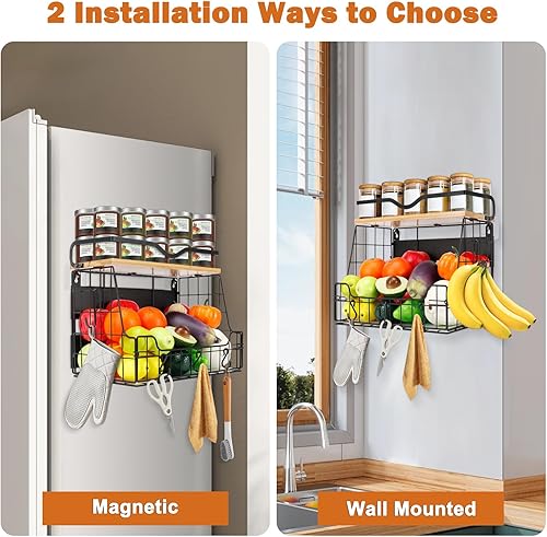 Miniatura 6 de Livabber Cesta organizadora magnética para nevera con estante de madera, contenedor grande de almacenamiento de frutas y verduras, especias y
