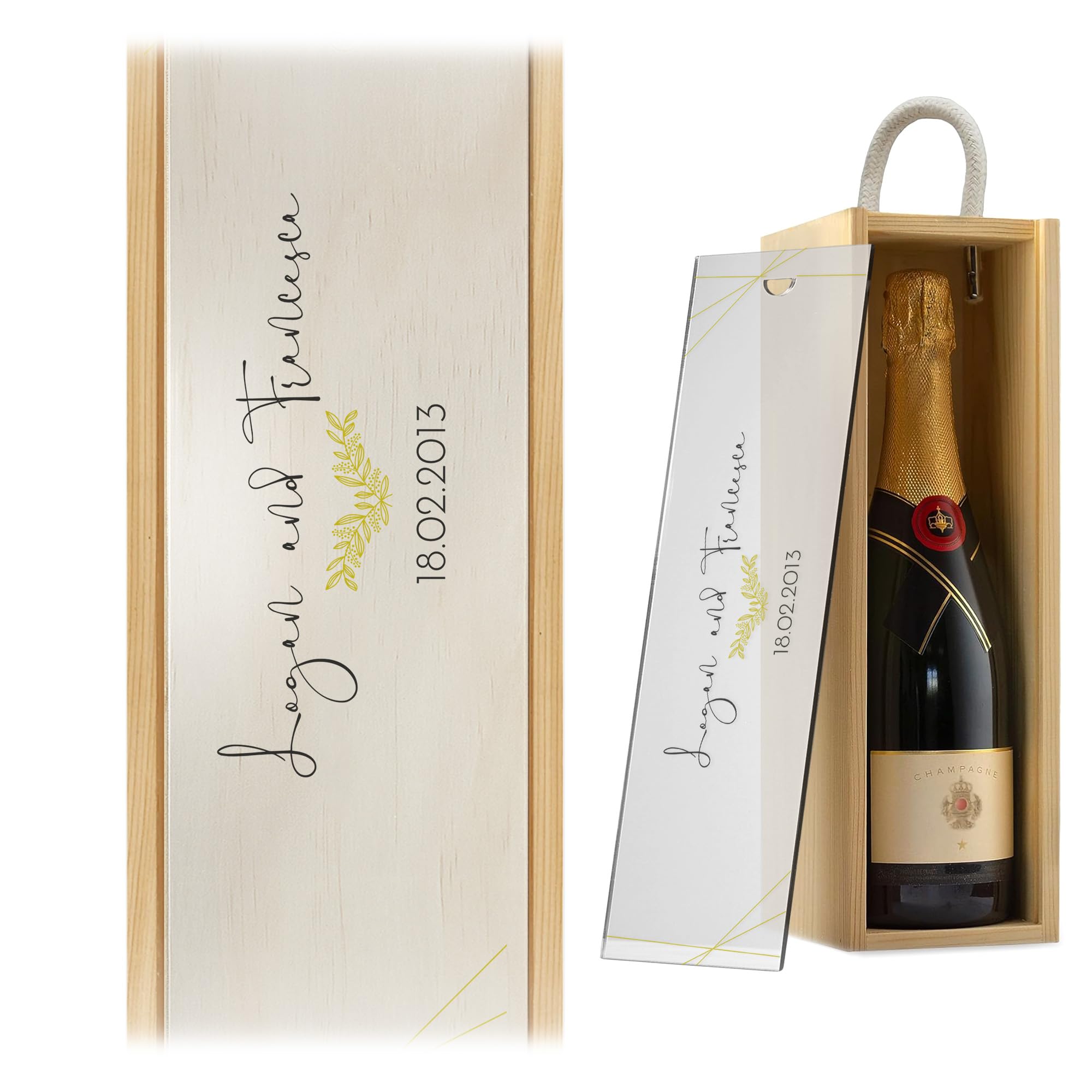 A1 Graphics Ltd Personalised Gold Leaf Wine Box Custom Printed Couples Gift Weddings Anniversary Bridesmaid Groomsmen Birthdays (Natural Box/Frost Lid)