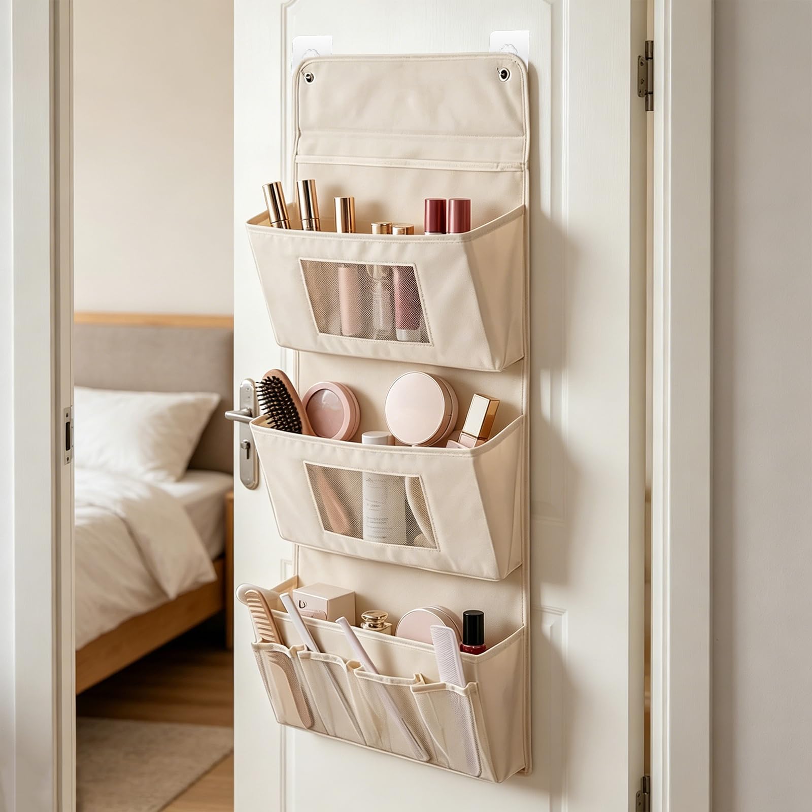 Hängeorganizer mit 2 Haken Faltbare Hängende Aufbewahrung aus Oxford-Stoff Aprikose Wandorganizer 3-Schichten Hängeaufbewahrung Tür Organizer für Badezimmer Kleiderschrank Schlafzimmer(40x90cm)