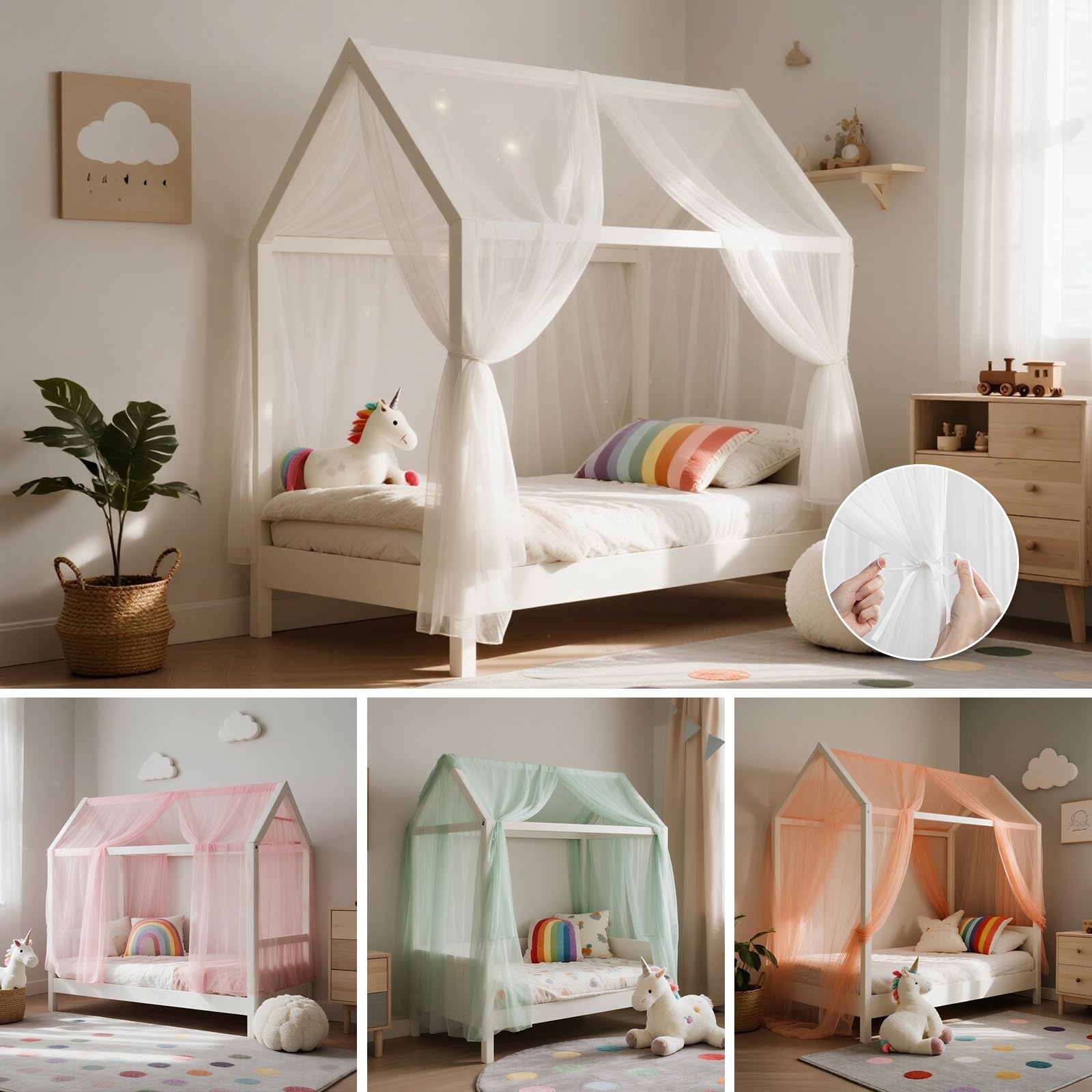 Hausbett Himmel Set, 2 Stück Betthimmel Hausbett für Hausbett Deko, Bett Vorhang für Mädchen Jungen Kinderbett Kinderzimmer Deko,150 x 350 cm Weiß