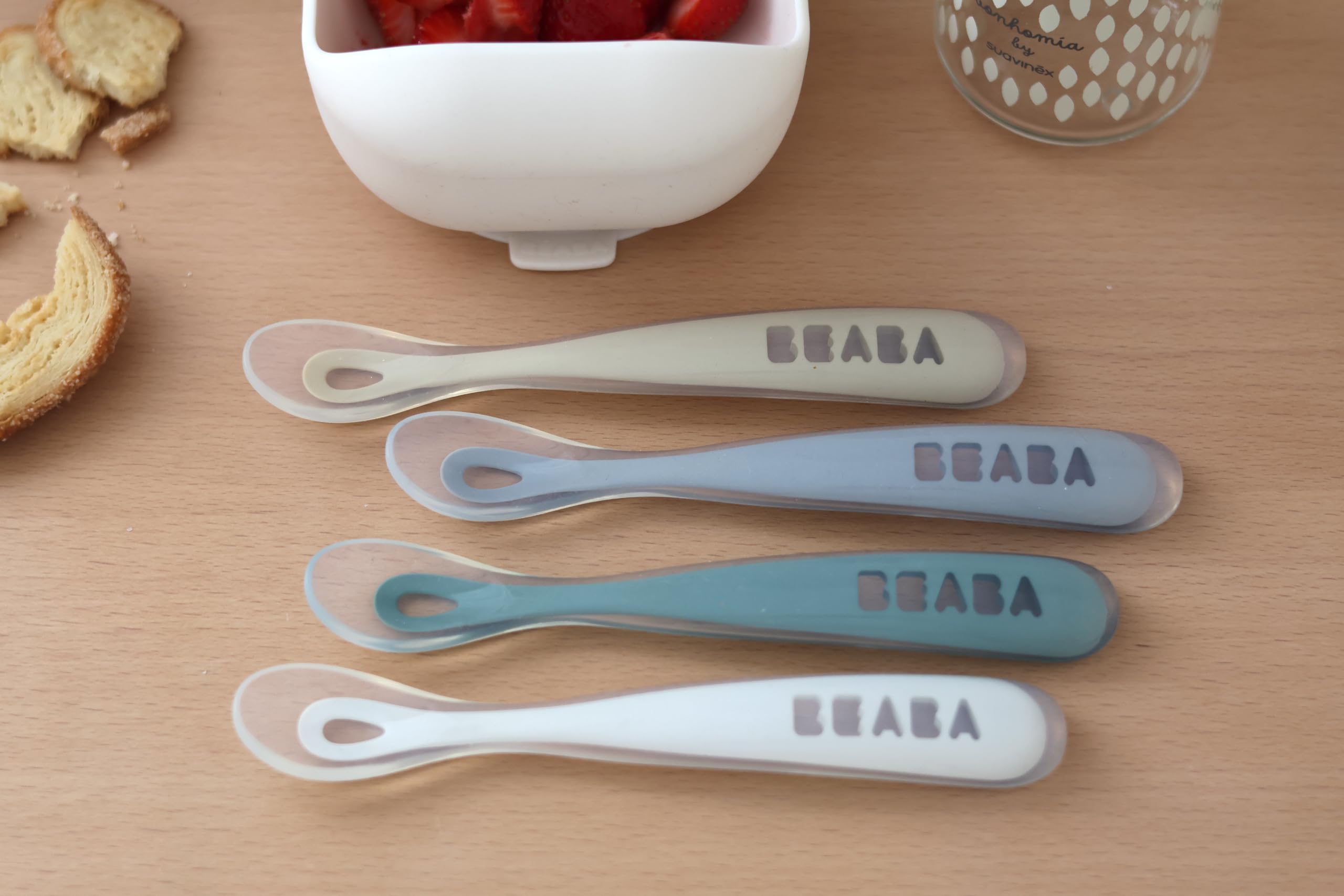 BÉABA Cucharas de Aprendizaje para Bebe, Silicona Suave, Juego de 2, Con estuche para guardarlas, Primera Edad, Ergonómica, Azul