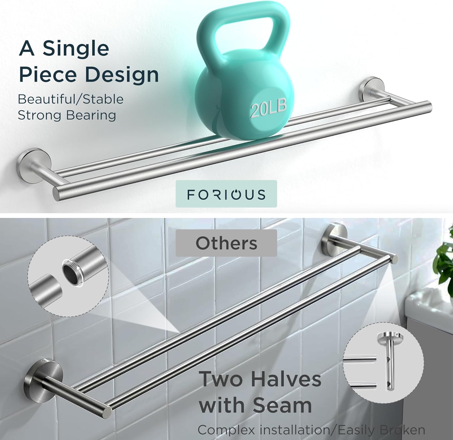 FORIOUS Double Towel Bar Racks Holder for Bathroom 24 Inch and Towel Ring, SUS304 Stainless Steel Modern Hand Towel Holder Rack Hanger Round for Bathroom Wall Mounted, Ideal for Bath, Kitchen, RV
