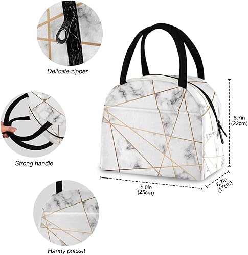 Miniatura 4 de AUUXVA Bolsa de almuerzo con estampado geométrico de líneas doradas, con estampado de mármol, lonchera aislada con asa, bolsa de hielo reutilizable