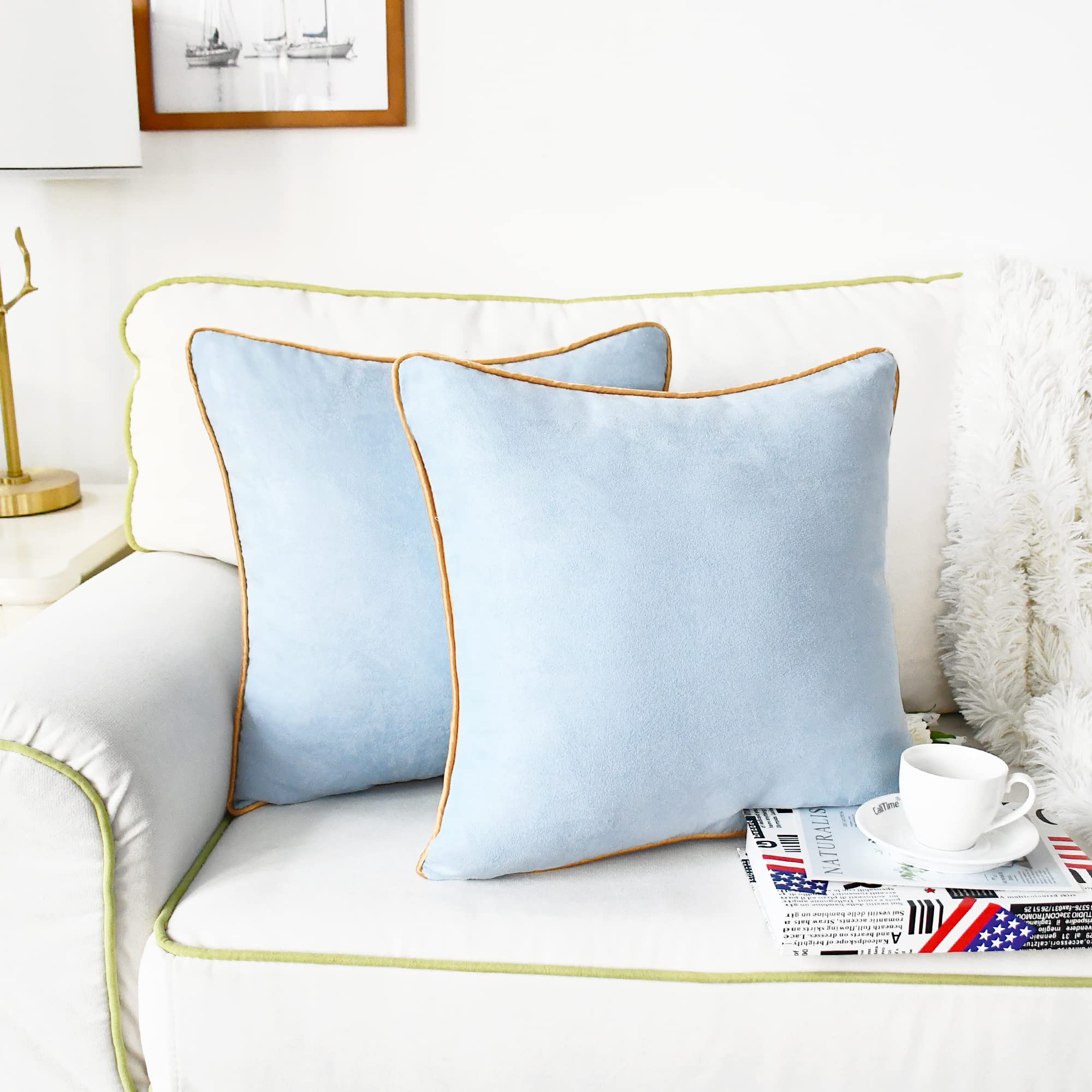 CaliTime Throw Pillow Covers Pack of 2 Super Soft Faux Suede Gold Piping Edge Accent Cushion Cases for Couch Bed Sofa Farmhouse Decorative 18 X 18 Inches Light Blue