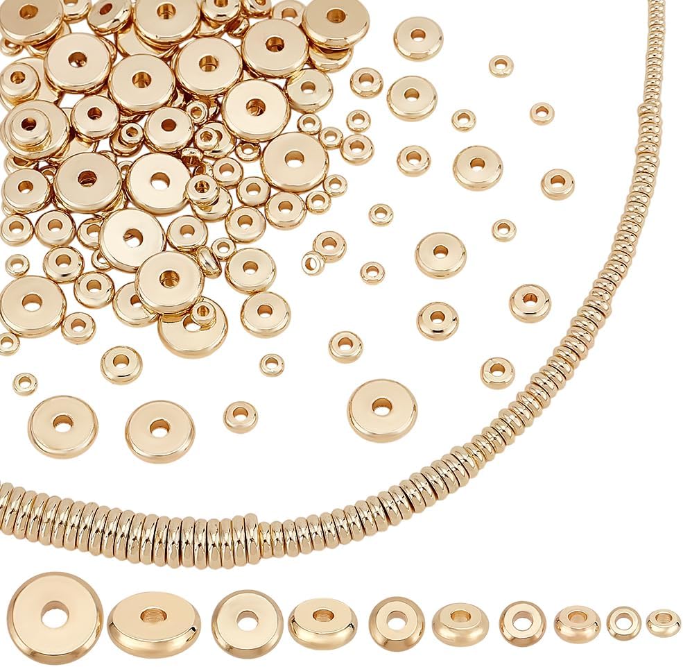 PH PandaHall 230pcs 14K Gold Plated Flat Round Spacer Beads 5 Sizes Flat Spacers Brass Disc Spacer Beads Loose Beads for Stackable Necklace Bracelet Jewelry Making DIY Crafts, 3/4/5/6/8mm
