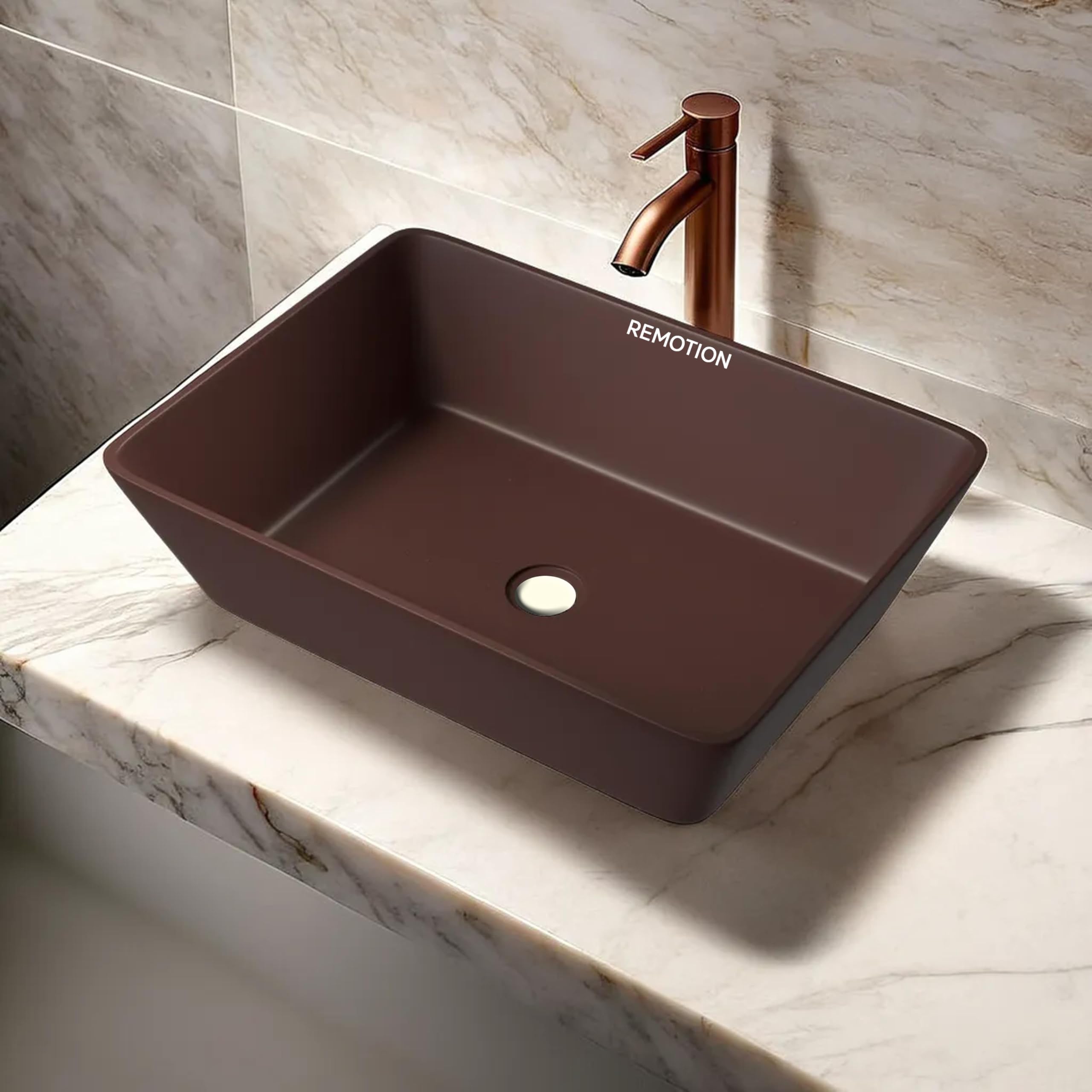 REMOTION Quartz Wash Basin Countertop | Tabletop Quartz Sink | Wash Basin Over Counter | Vessel Sink | Wash Basin for Bathroom (18 x 13 x 5.5 Inch) (Brown) 1