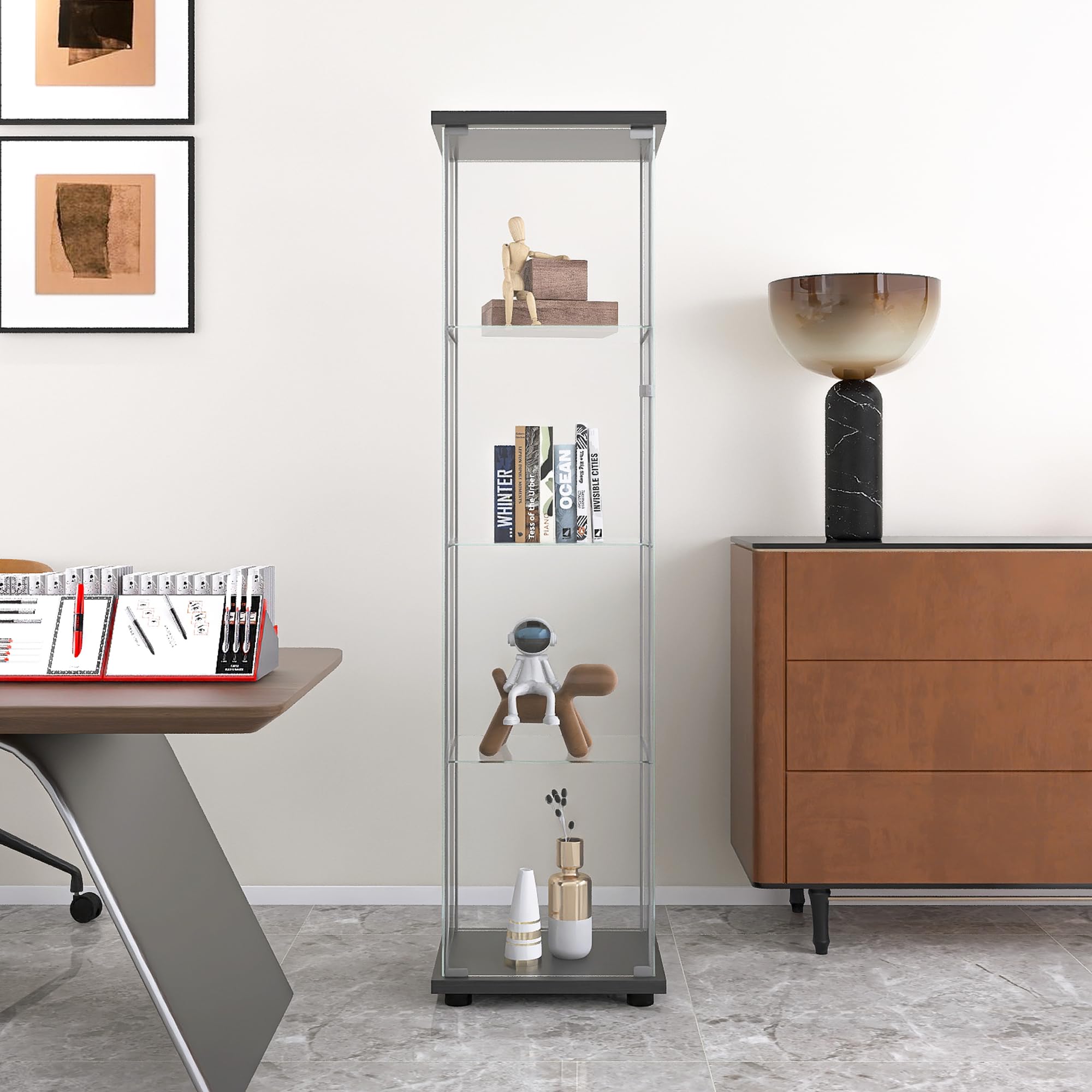 Modern 64'' 4-Shelf Glass Display Cabinet in Clear with Door, Curio Cabinet Collection Display Case, Floor Standing Bookshelf for Living Room Bedroom Home Office (Black -S)