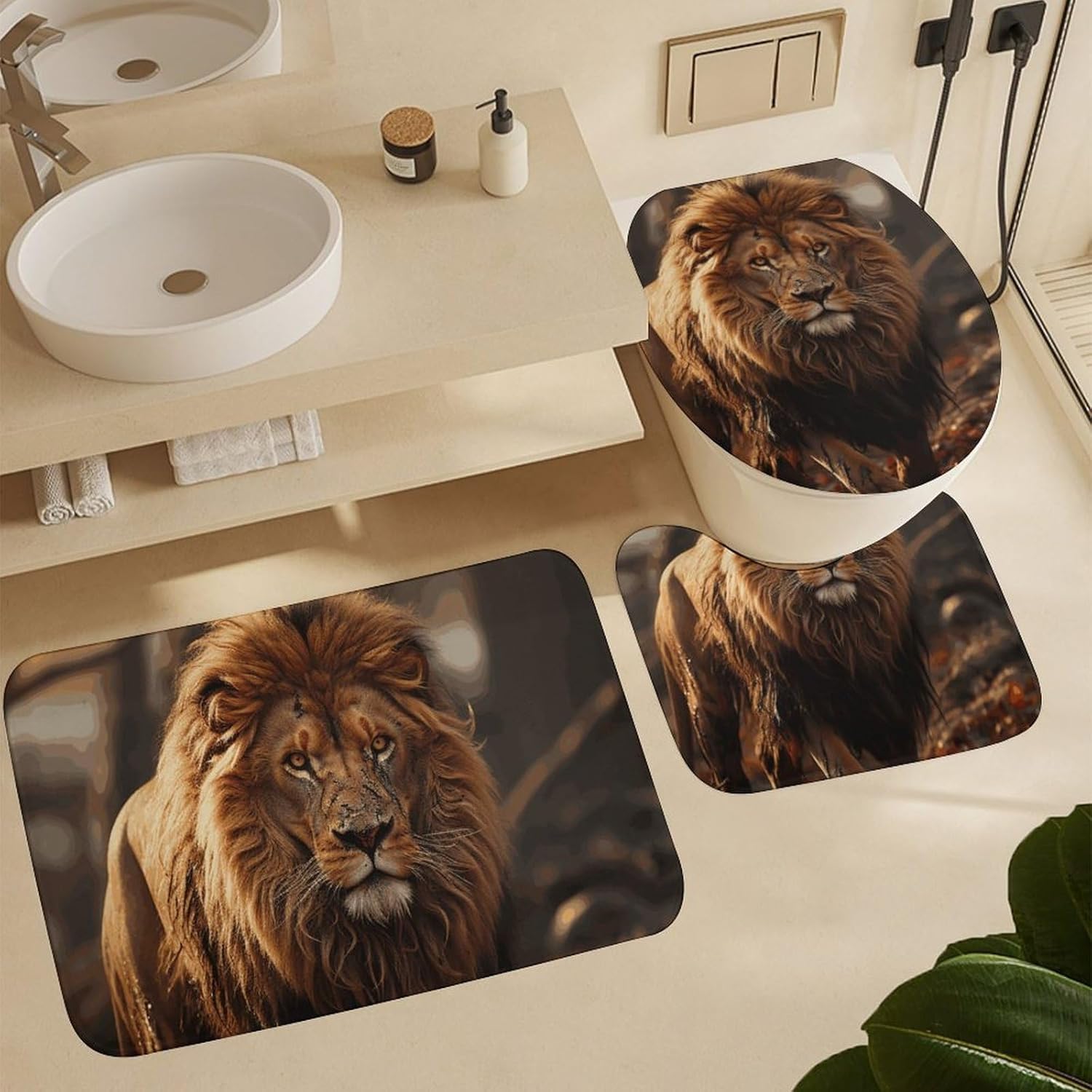 Lion Image Shower Curtain Set 4 Piece, Non-Slip Bath Mat with Toilet Lid Cover and Waterproof Shower Curtain with 12 Hooks, Complete Bathroom Set for Home Decor