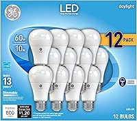 GE Daylight LED Bulbs 60W Equivalent A19 (12 Pack) - 800 Lumens 5000K Cool White, Dimmable, Energy Star, 13-Year Life