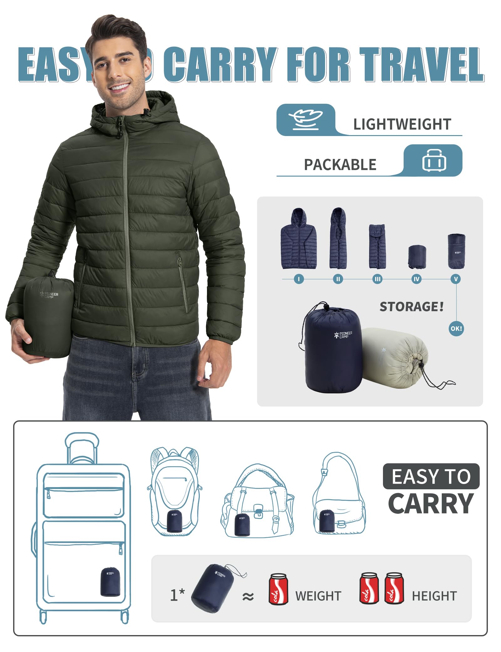 Veste matelassée légère pour homme - Veste d'hiver mi-saison - Veste d'extérieur avec capuche et 6 poches, vert, XXL
