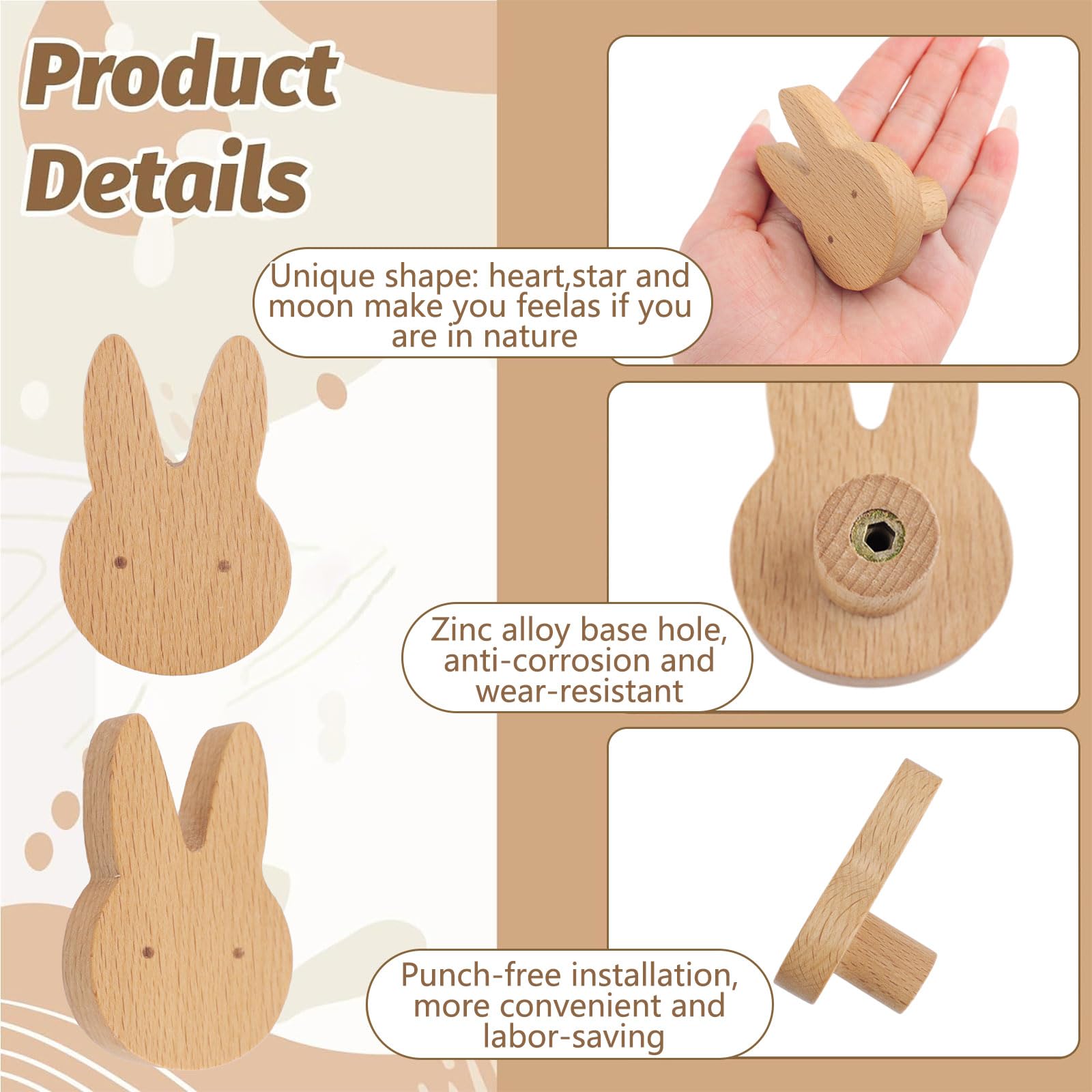 MOROBOR 6PCS Rabbit Shaped Wooden Knobs Single Hole Beech Wood Handles Wood Cupboard Cabinet Handles Knobs for Chest of Drawers with Screws& Expansion Tube - Image 4