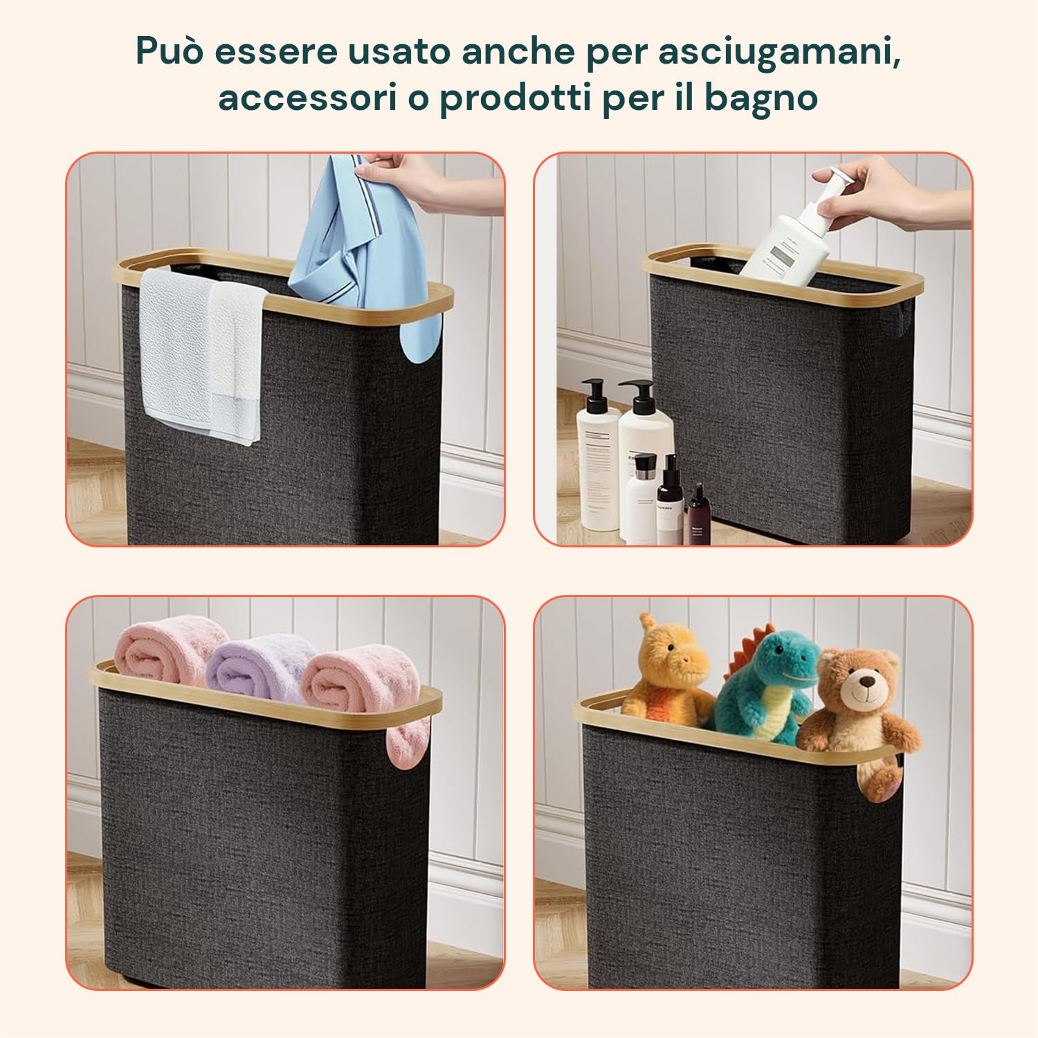 Wintem - Porta Carta Igienica in Tessuto Nero con Coperchio in Bambù Naturale, Design Elegante e Compatto per Accessori Bagno, Facile da Spostare e da Pulire, Capienza fino a 12 Rotoli