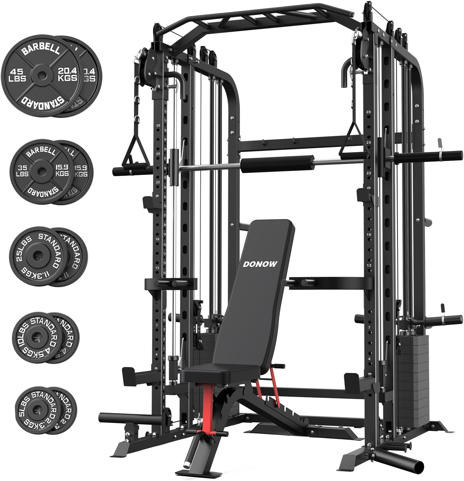 - DONOW Smith Machine with 220Lbs Weight Stacks, Multi Function Home Gym System Power Rack Cable Crossover System LAT Pull Down Training Full Body Workouts