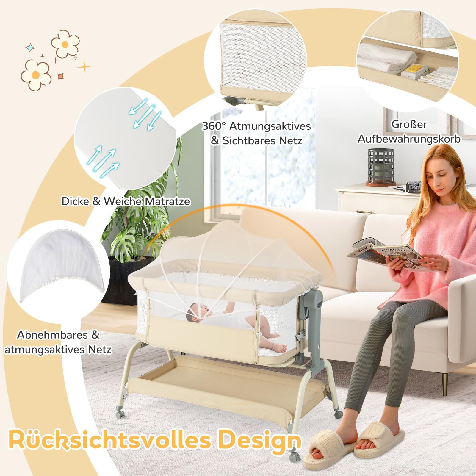 DREAMADE 3 in 1 Baby Beistellbett, 90 × 55cm Reisebett mit Matratze, Moskitonetz & 4 Rädern, 6-stufig-höhenverstellbar Stubenwagen mit Neigung, Babywiege für Säuglinge 0-6 Monate (Beige)