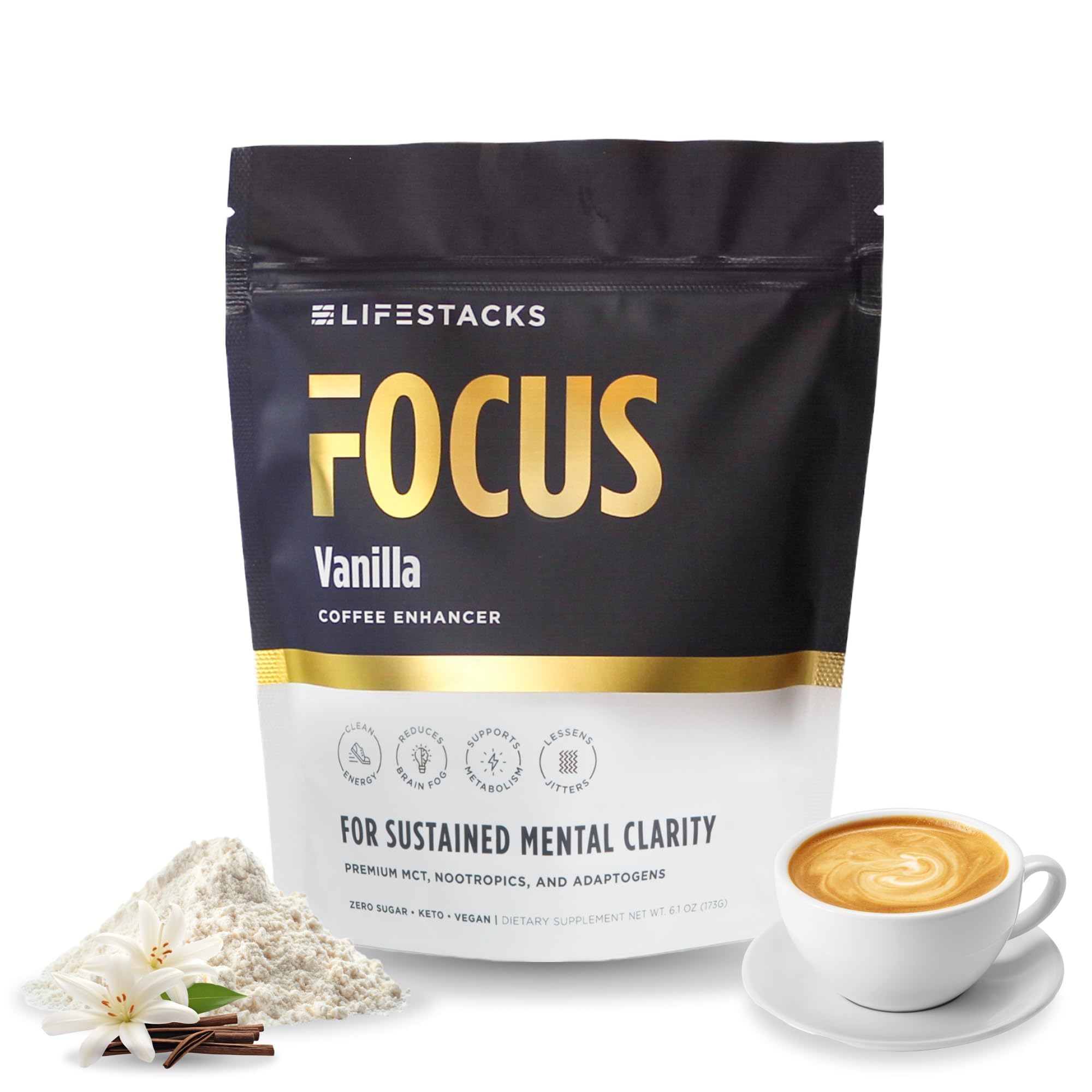 LIFESTACKS Focus Coffee Creamer for Energy & Clarity - MCT Powder + Nootropics + Adaptogens - Boost Productivity Without Jitters or Crash - Keto, Vegan, 0 Sugar - with Taurine, L-Tyrosine, Rhodiola