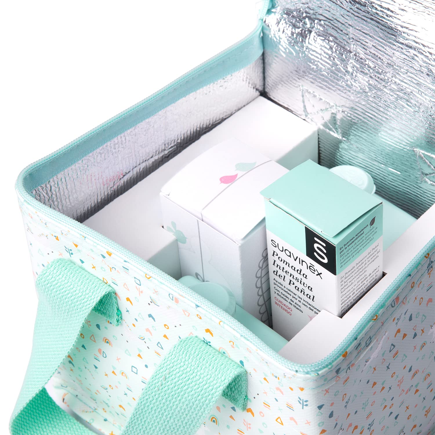 Suavinex, Borsa termica per neonati. Frigorifero per bambini con kit cosmetico. Include: Colonia Baby Cologne 100 ml + Gel Shampoo Syndet 300 ml + lozione idratante 300 ml + pomata pannolino, corallo