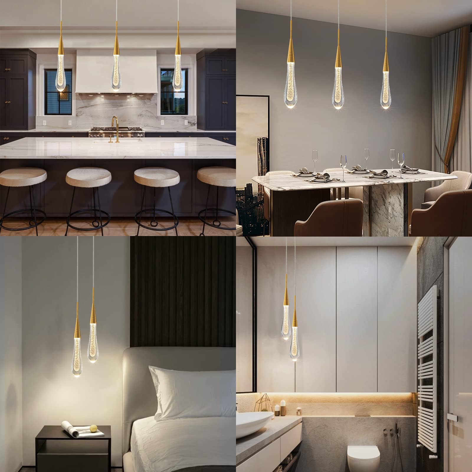 Lámparas de cocina de techo regulable LED moderna lámpara colgante de oro mini lámpara colgante de cristal en forma de lágrima para cocina, isla, dormitorio, pasillo, entrada (paquete de 1)