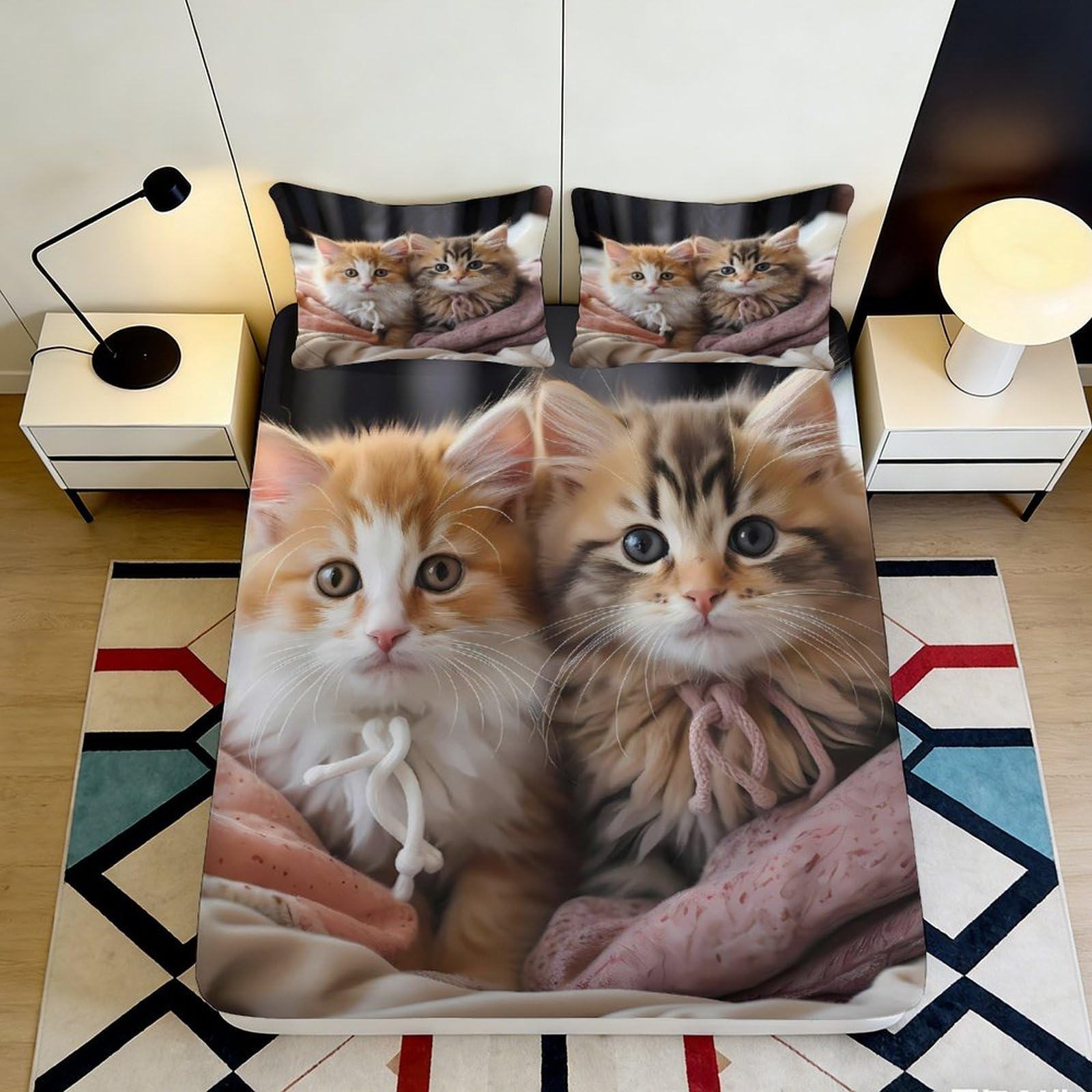 3D Printed Cute Ginger Tabby Cat Fitted Sheet Microfiber Soft Bedroom Decor Kitten Bed Cover for Mattress Protection 160x200x25cm