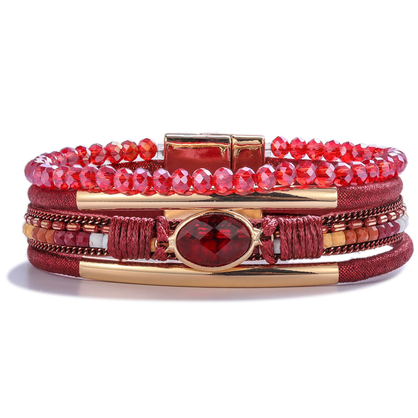 FANCY SHINY Leather Wrap Bracelets Crystal Beads Bracelet Boho Cuff Stone Charm Bracelets with Clasp Costume Jewelry for Women