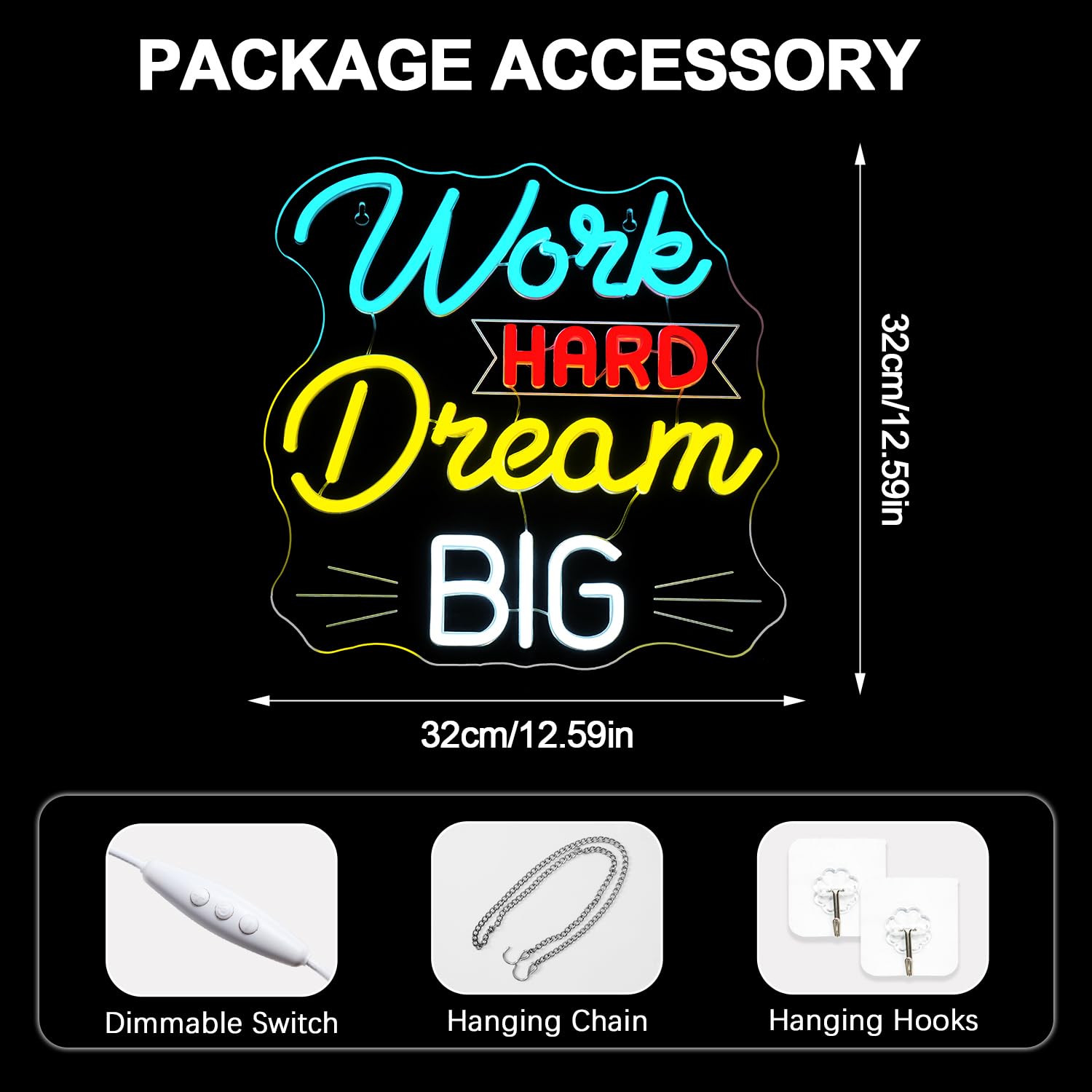 Looklight Work Hard Dream Big Neon Light Sign, Neon Signs for Wall Decor LED Sign USB Powered - Image 3