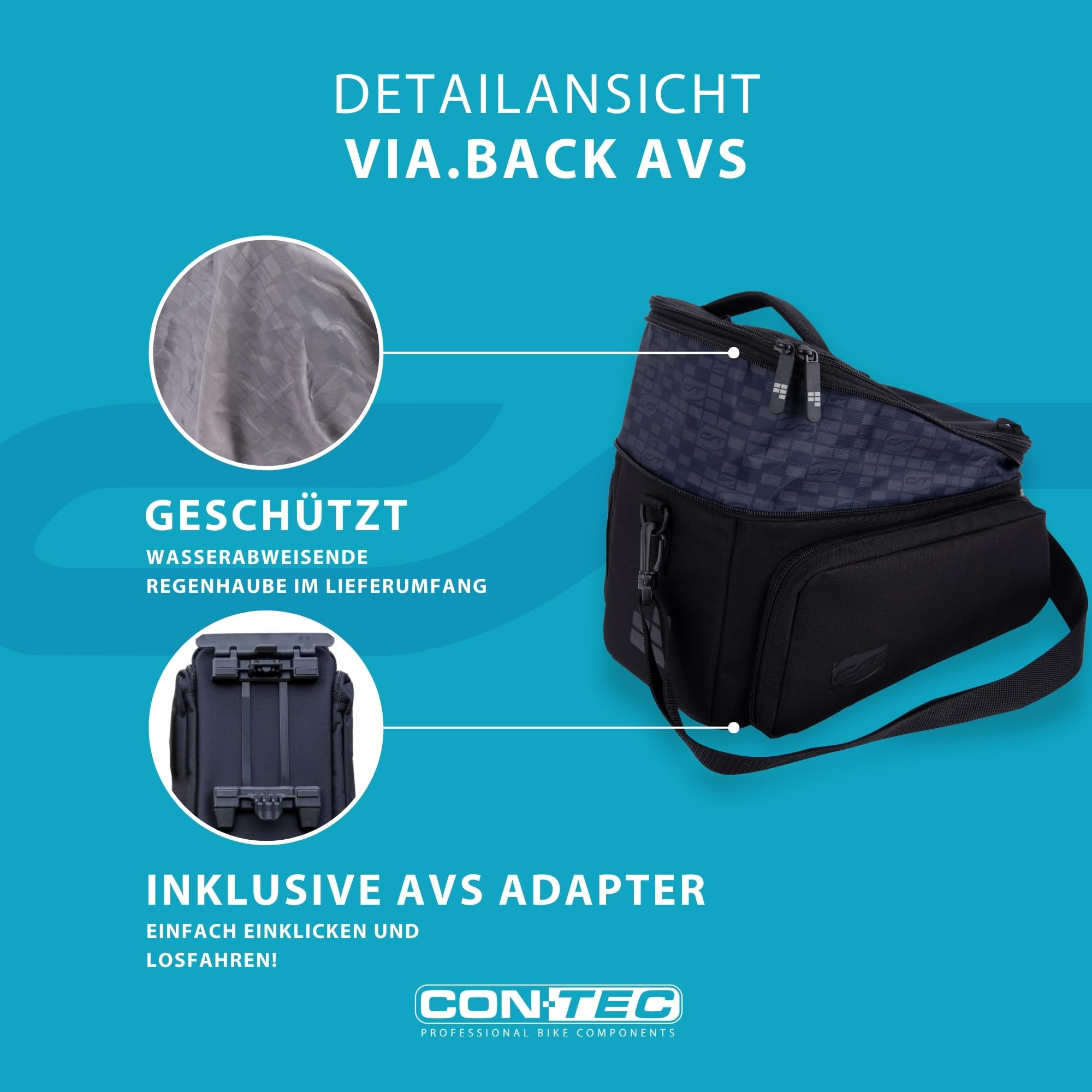 CONTEC Fahrrad-Gepäckträgertasche Via.Back AVS, vormontierter AVS Adapter, 32 L Volumen, mit Regenhaube, wasserabweisend, Verstellbarer Schultergurt, schwarz Sport & Freizeit