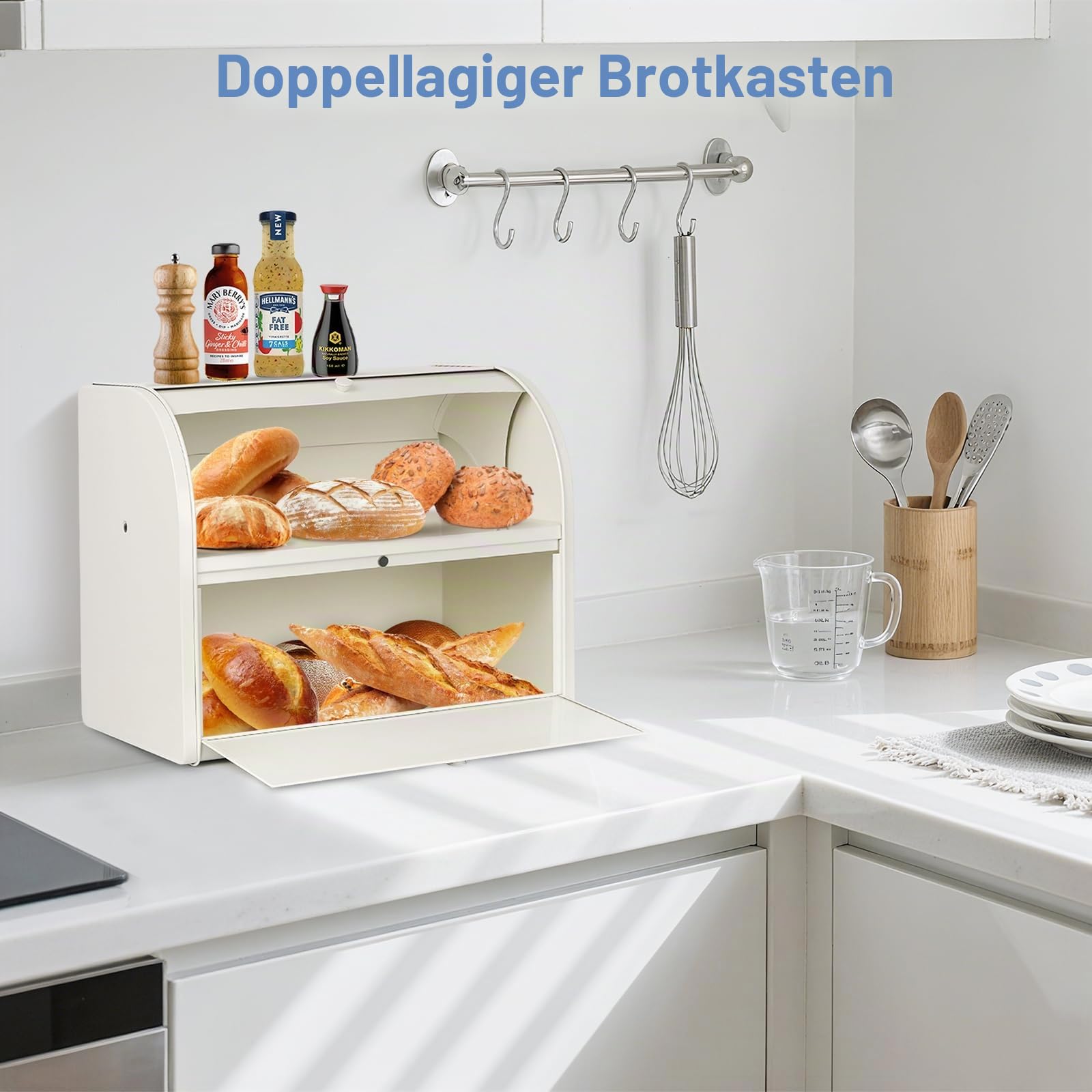 Edelstahl Brotkasten 2 Etagen mit Rolltop Deckel, extragroßer Brotbox Schwarz, Metall Brotbehälter bereits montiert, 40x24x32 cm Küchenaufbewahrung, geeignet für Gebäck und Kekse, Milchweiß