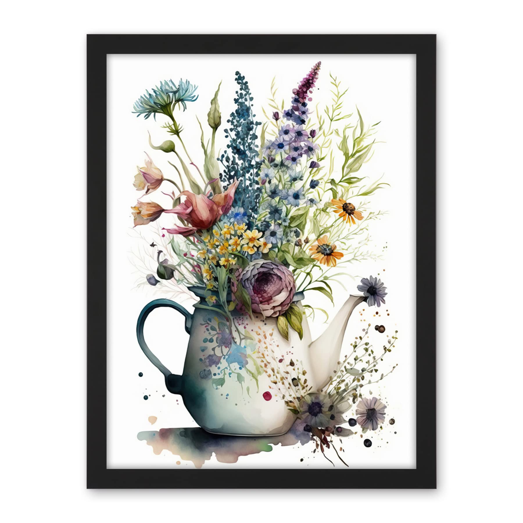Artery8 Spring Wildflower Floral Bouquet in a Teapot Vase Artwork Framed Wall Art Print 18X24 Inch