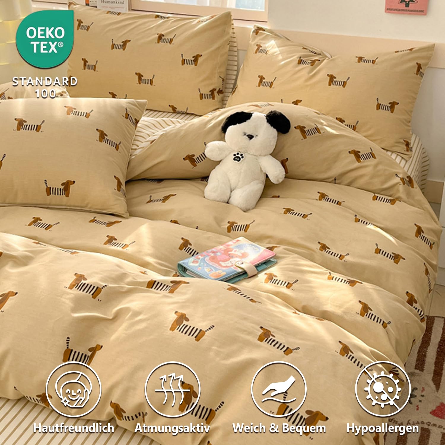 Tospass Dackel Bettwäsche 135x200cm 4teilig Khaki Gestreift Dachshund Wendebettwäsche aus Microfaser Kinder Streifen ÖKO-TEX Bettwäsche Set 2 Bettbezug mit Reißverschluss und 2 Kissenbezug 80x80cm