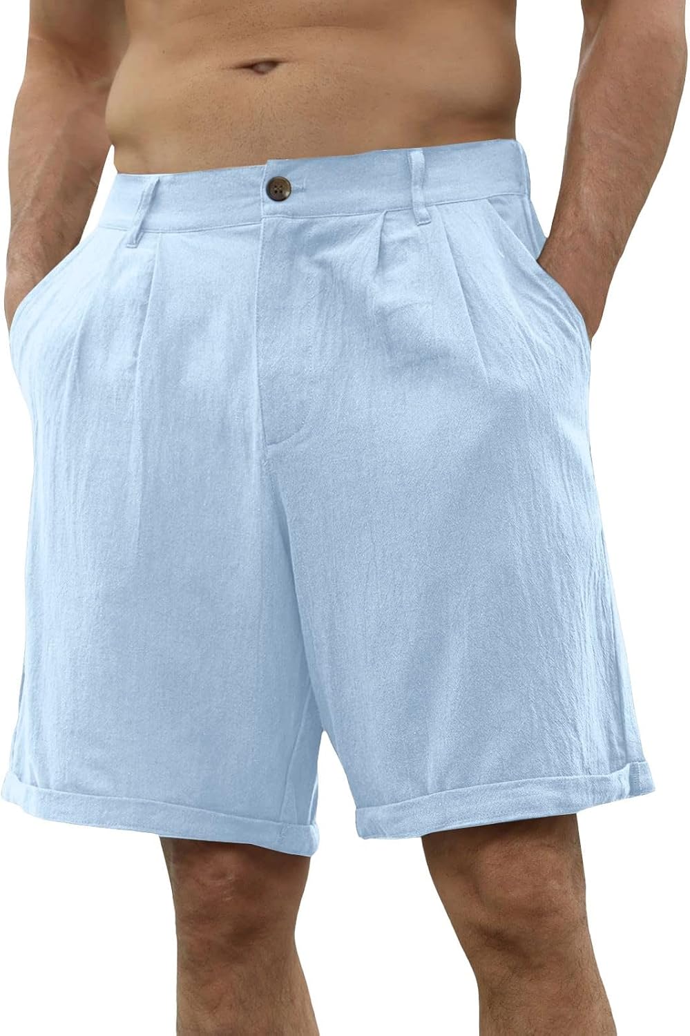 HJINGSUN Mens Linen Shorts Lightweight Breathable Comfort Summer Beach Party Pleated Shorts with Button Closure and Pockets