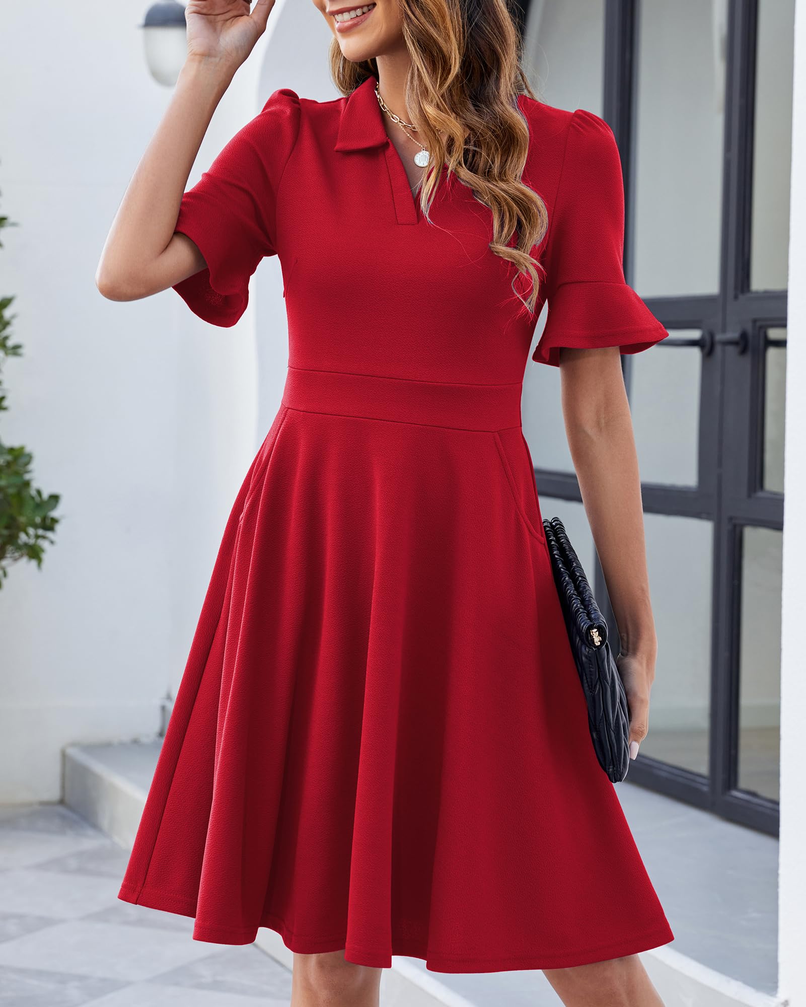 Robe trapèze d'été évasée et à manches volantées avec col en V et poches pour femme