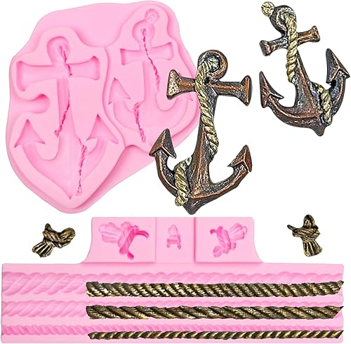 Miniatura 10 de Moldes de silicona de anclaje, molde de fondant de cuerda, chocolate pirata para cuerda pirata, gancho de barco, timón, arcilla de resina