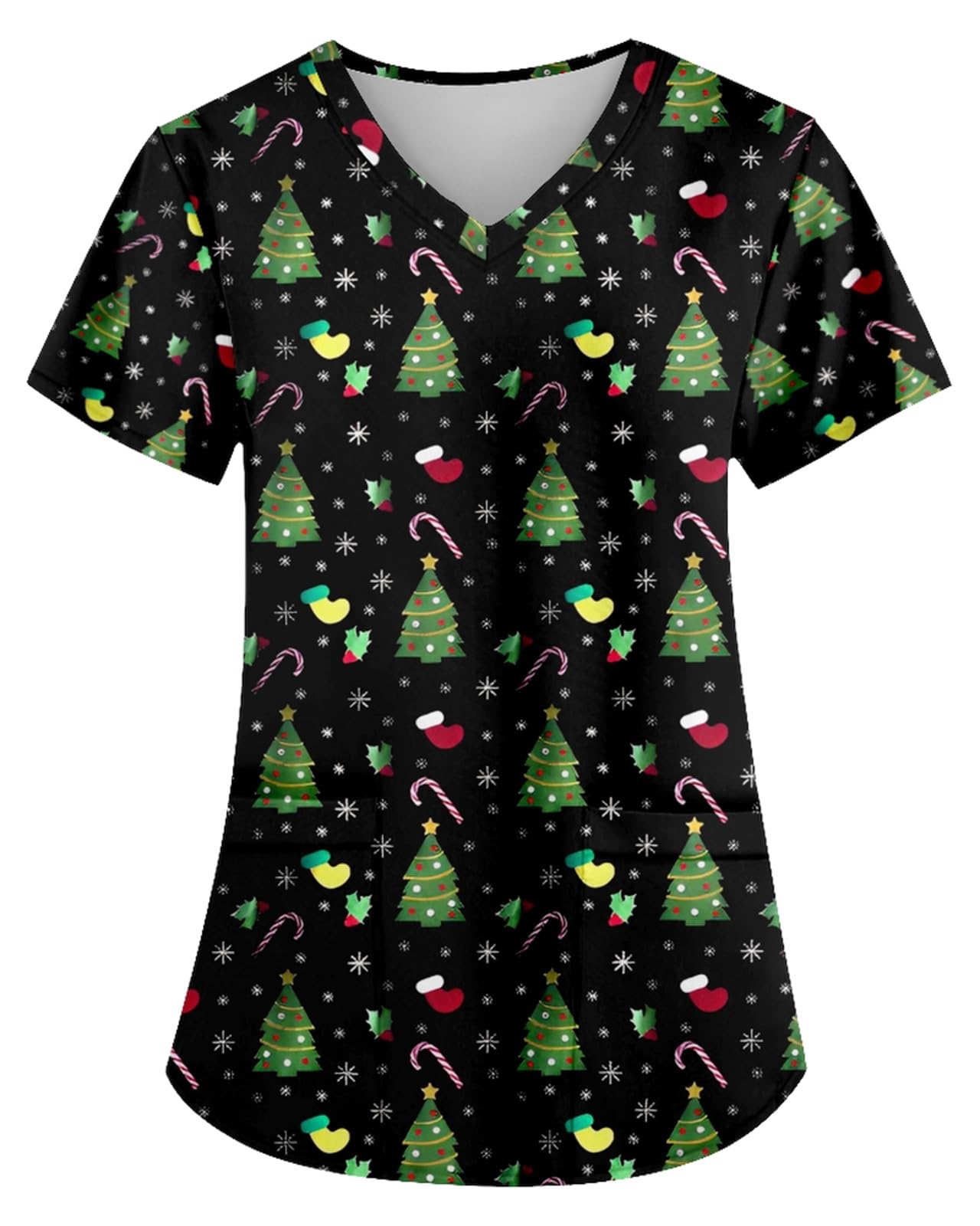 Women's V-Neck Short Sleeve Merry Christmas Print Nursing Tops Scrub Shirts with Two Pockets
