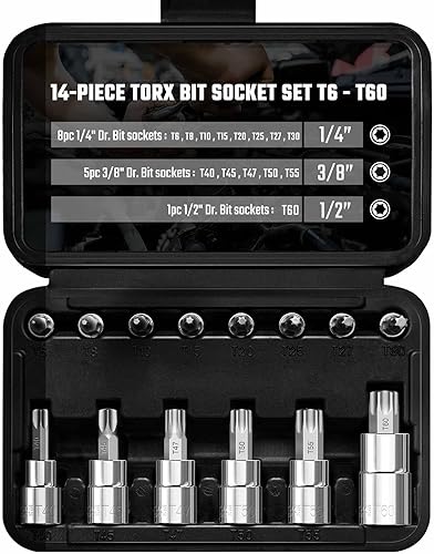 Upenjok Juego de llaves de vaso Torx, 14", 38" y 12", juego Star T6 - T60 de 14 piezas, acero S2 y CR-V, con estuche de almacenamiento.