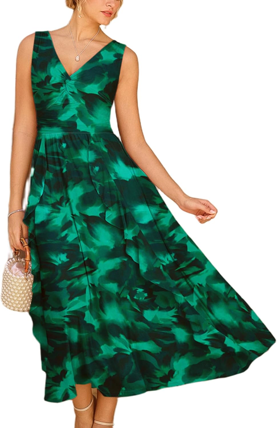 GRACE KARIN Women's Summer Sleeveless Maxi Dress V Neck Floral Wedding Guest Dress A Line Ruffle Beach Vacation Clothes