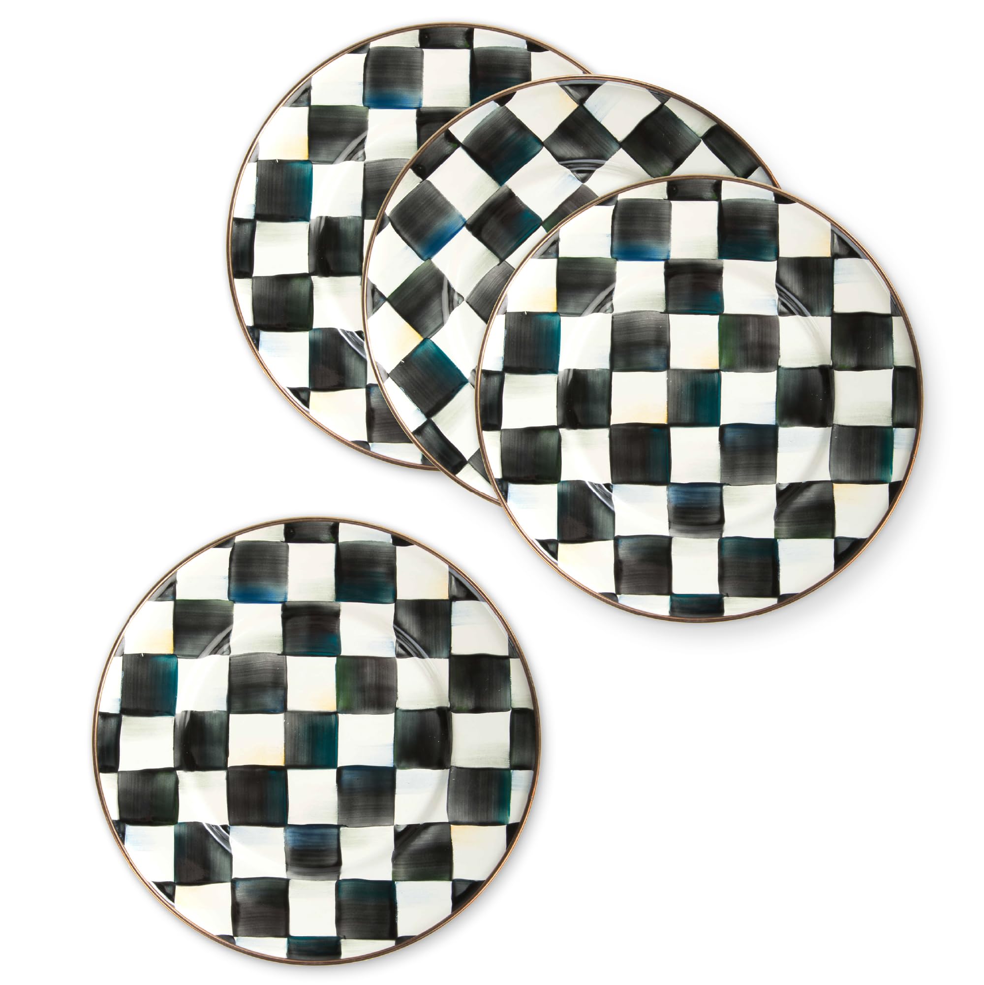 Enamel Salad and Dessert Plate, Small Plate for a Dessert or Appetizer Dish, 8 Inches, Set of 4, Black-and-White Courtly Check