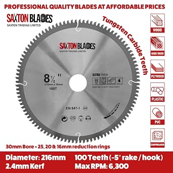 Saxton TCT Negative Rake/Hook Circular Blade 216mm x 100T x 30mm Bore