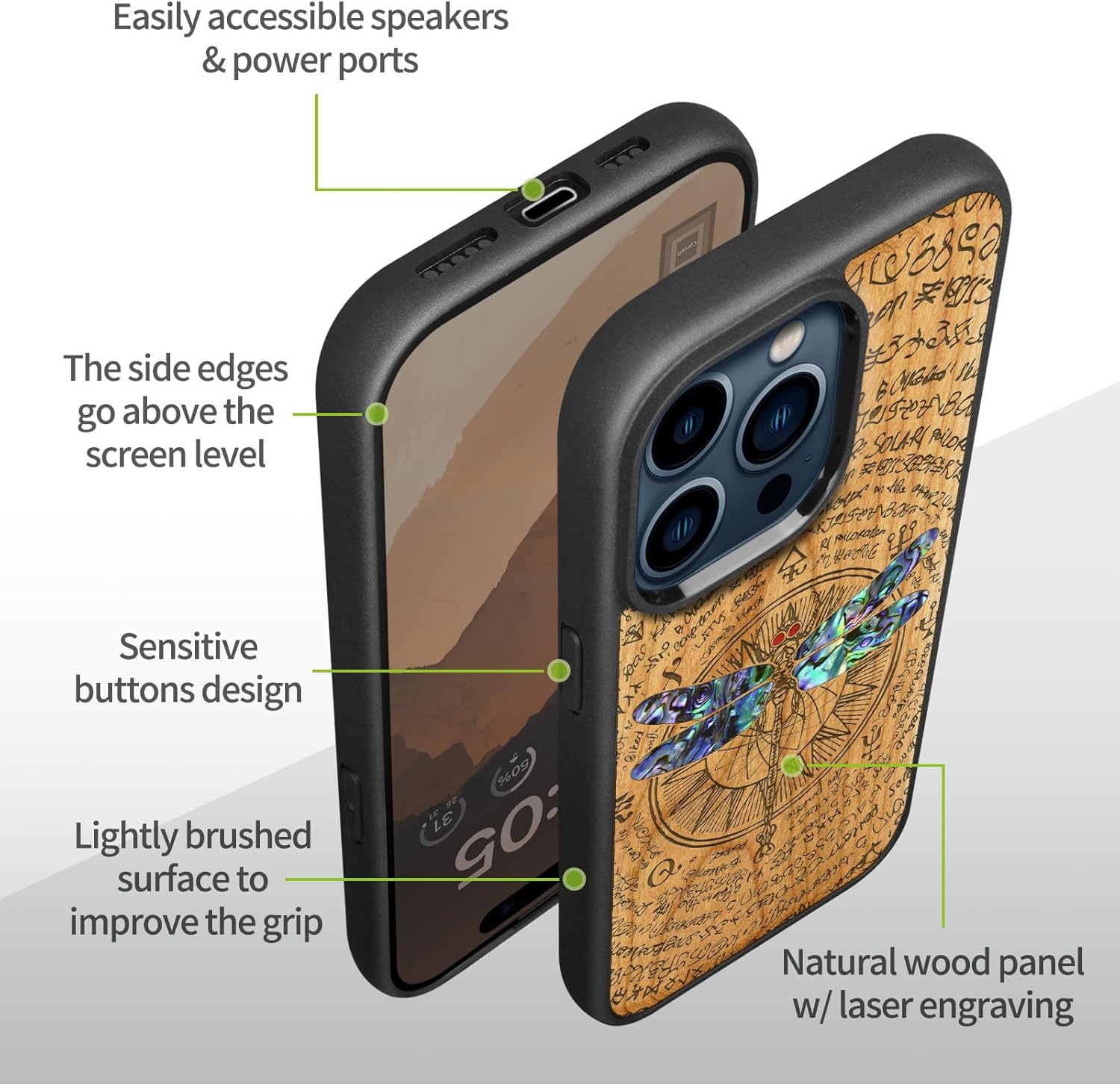 Carveit Wooden Case for iPhone 15 Pro Max Magnetic Case, Compatible with MagSafe Wireless Chargers, Shockproof Cover, Handmade Shell Inlaid & Wood Artisan Engraved (Graceful Dragonfly) Cherry